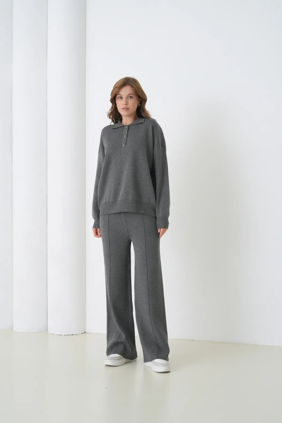 Kadın Siyah Polo Yaka Kazak Pantolon Triko Alt-Üst Takım 12333