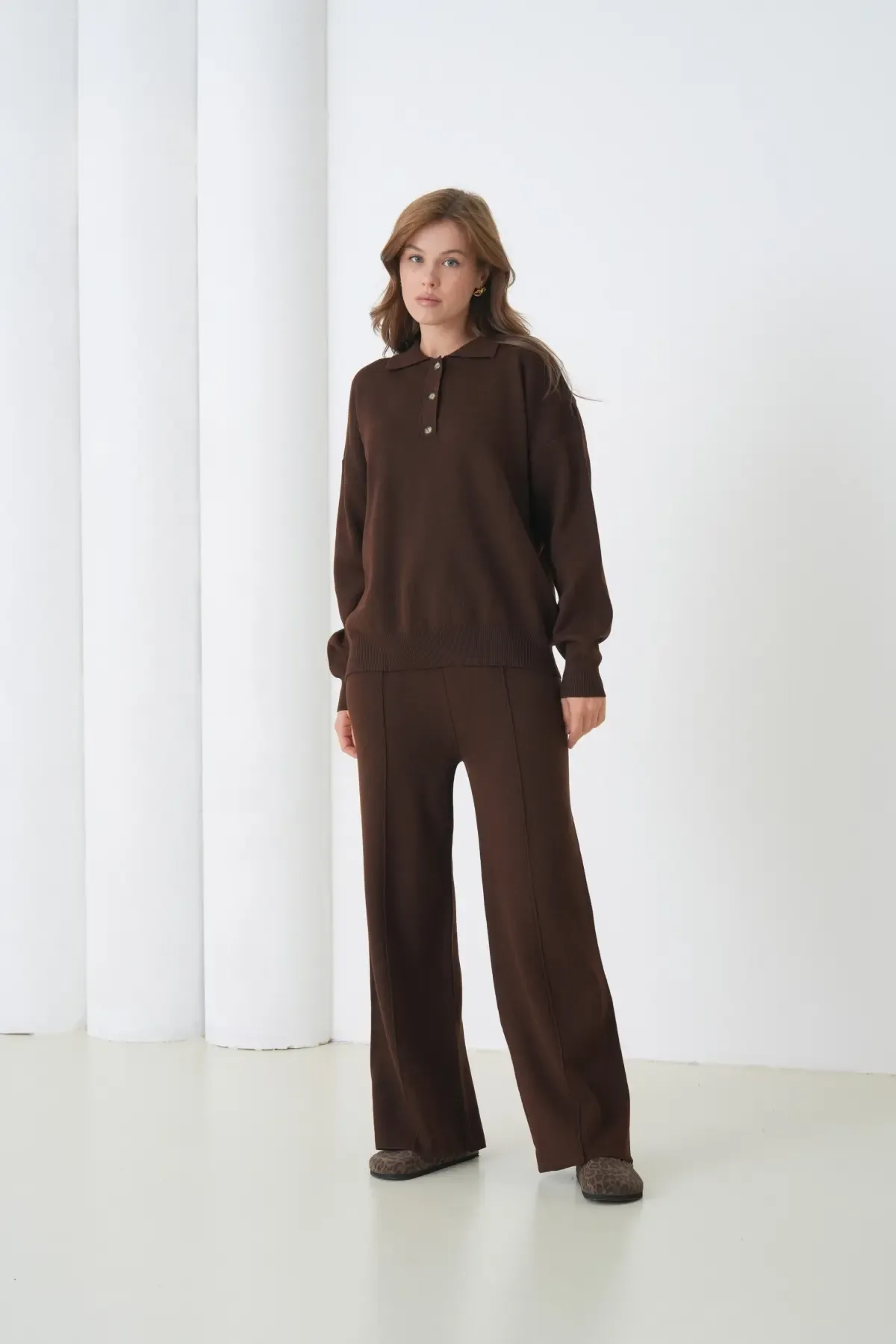 Kadın Siyah Polo Yaka Kazak Pantolon Triko Alt-Üst Takım 12333