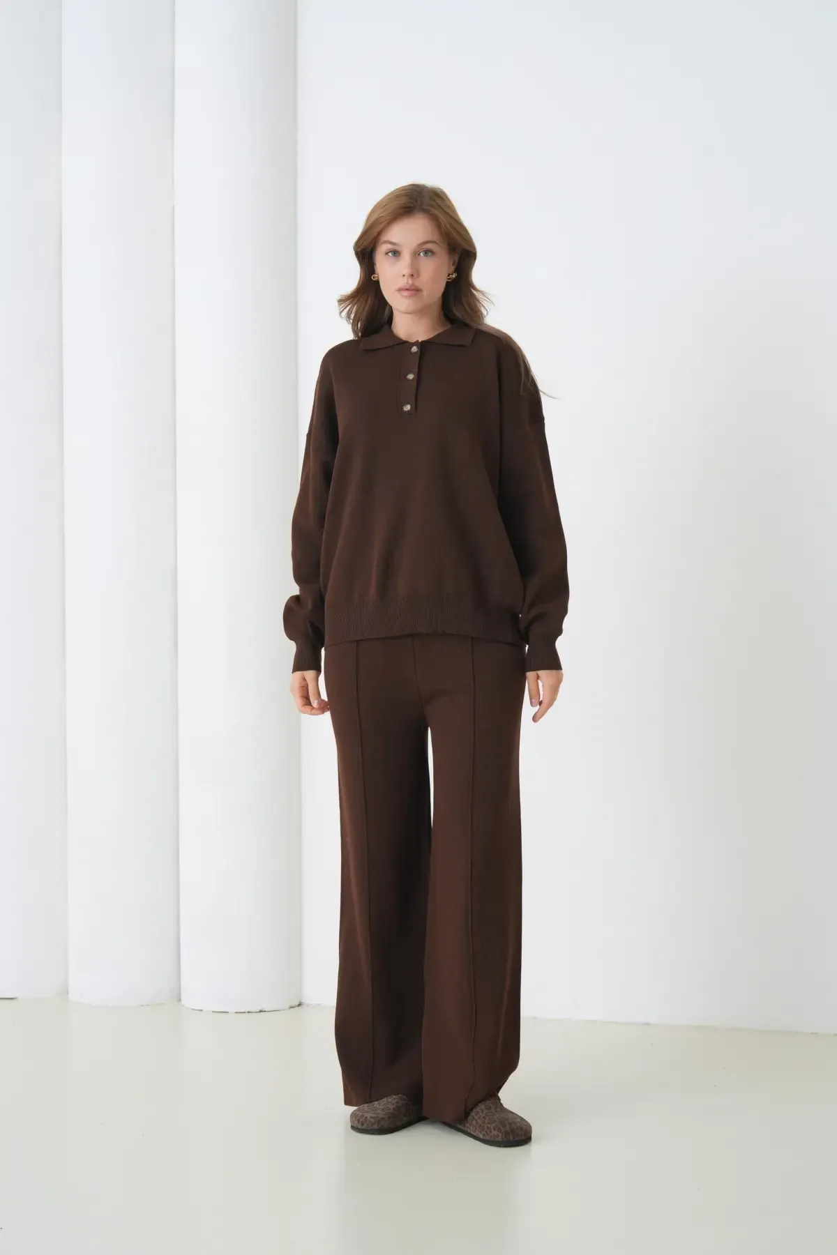 Kadın Siyah Polo Yaka Kazak Pantolon Triko Alt-Üst Takım 12333