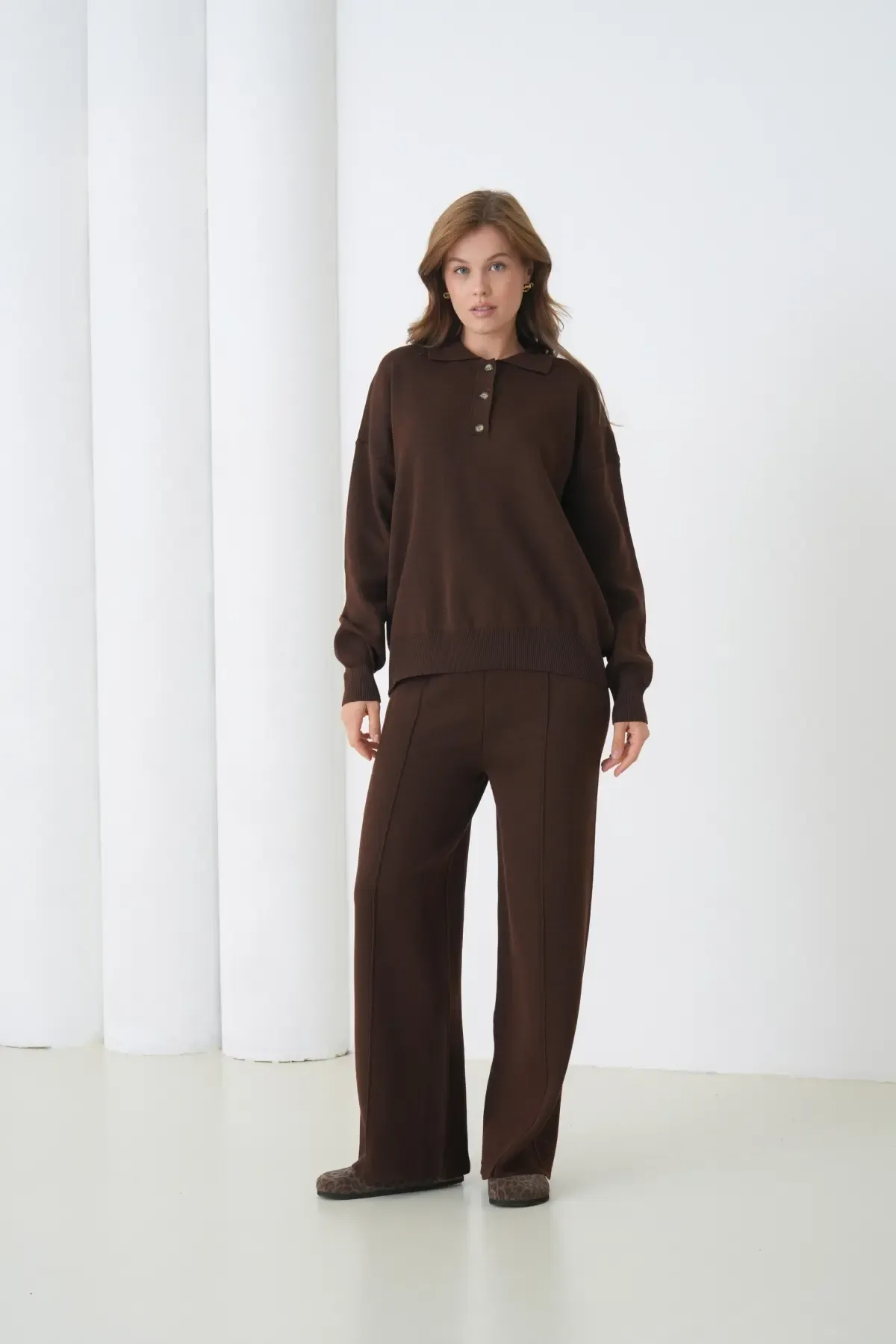 Kadın Siyah Polo Yaka Kazak Pantolon Triko Alt-Üst Takım 12333