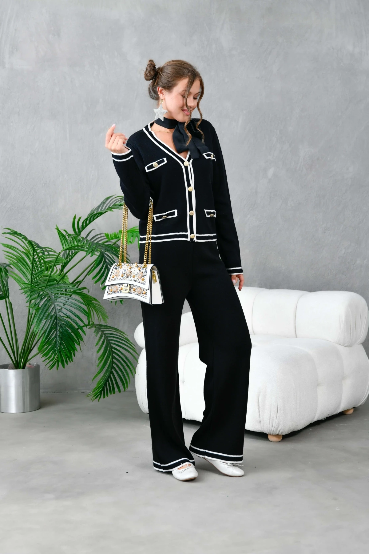 Kadın V Yaka Düğme Detay Ceket Pantolon İkili Triko Takım 10600