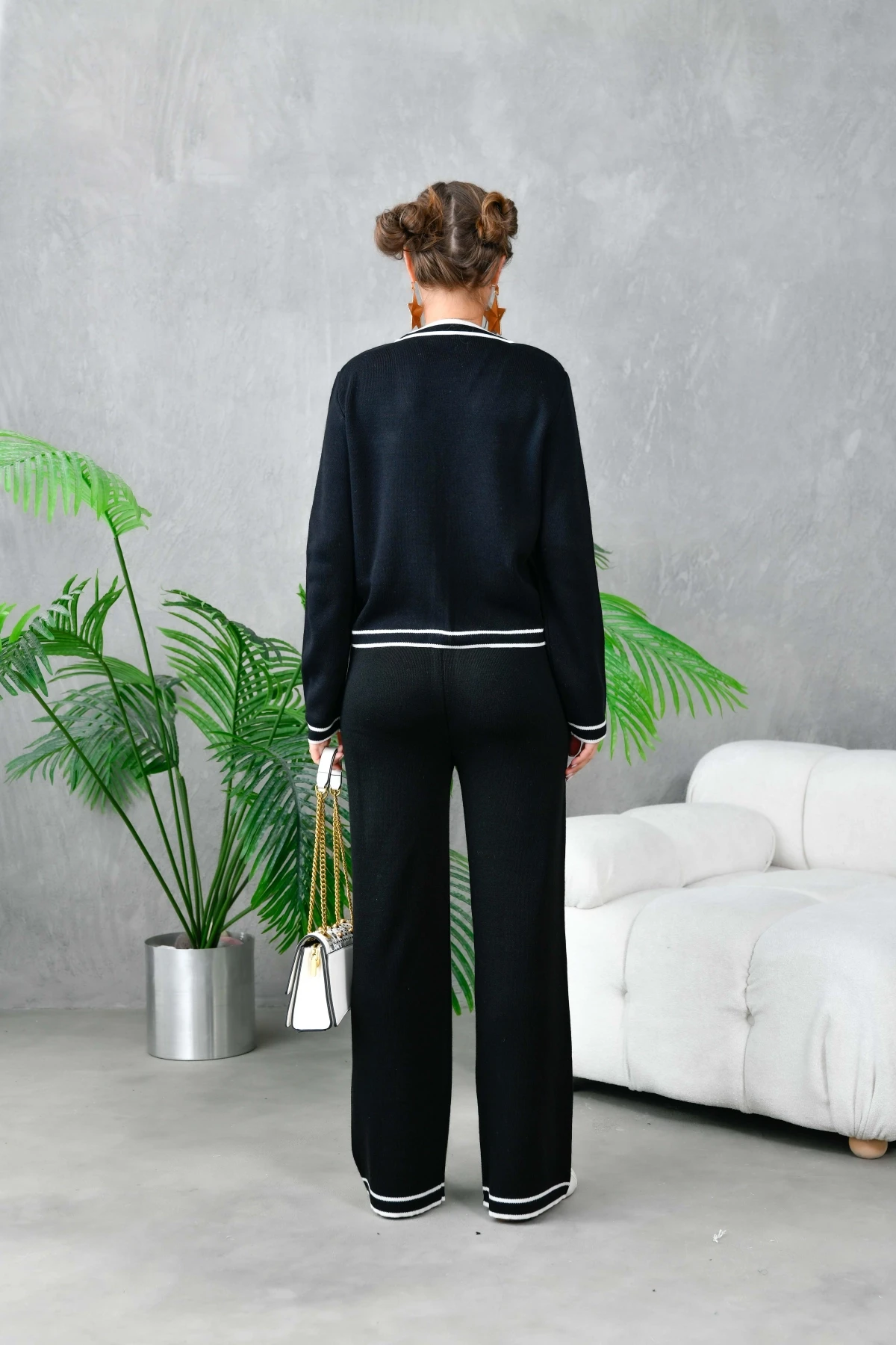 Kadın V Yaka Düğme Detay Ceket Pantolon İkili Triko Takım 10600