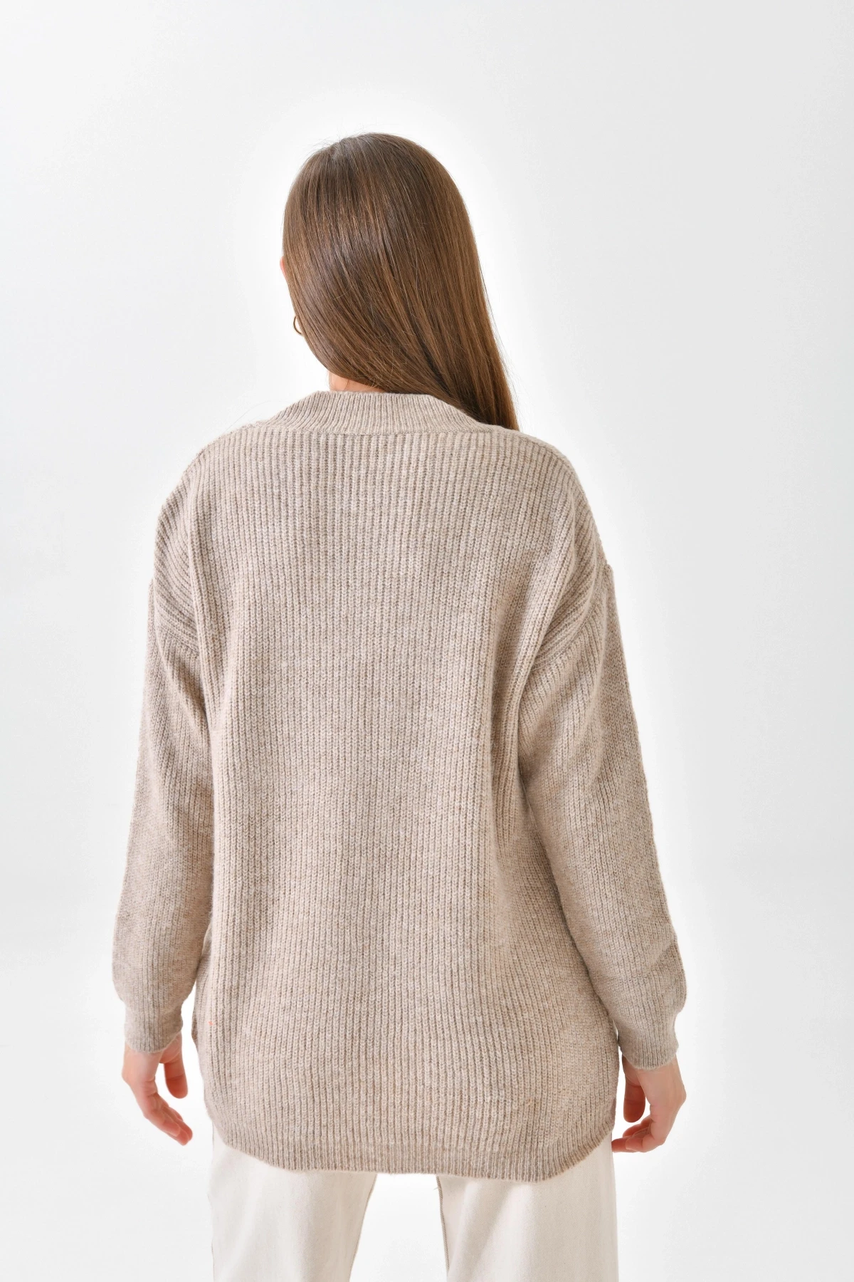 Kadın V Yaka Fitilli Triko Kazak 217074Sw