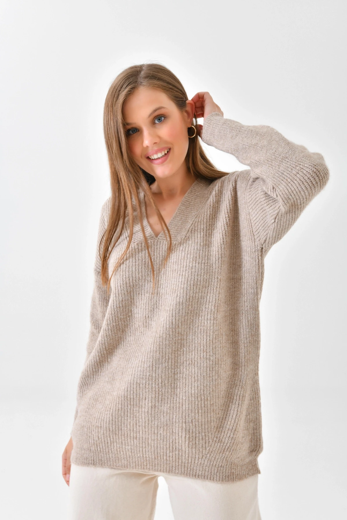 Kadın V Yaka Fitilli Triko Kazak 217074Sw