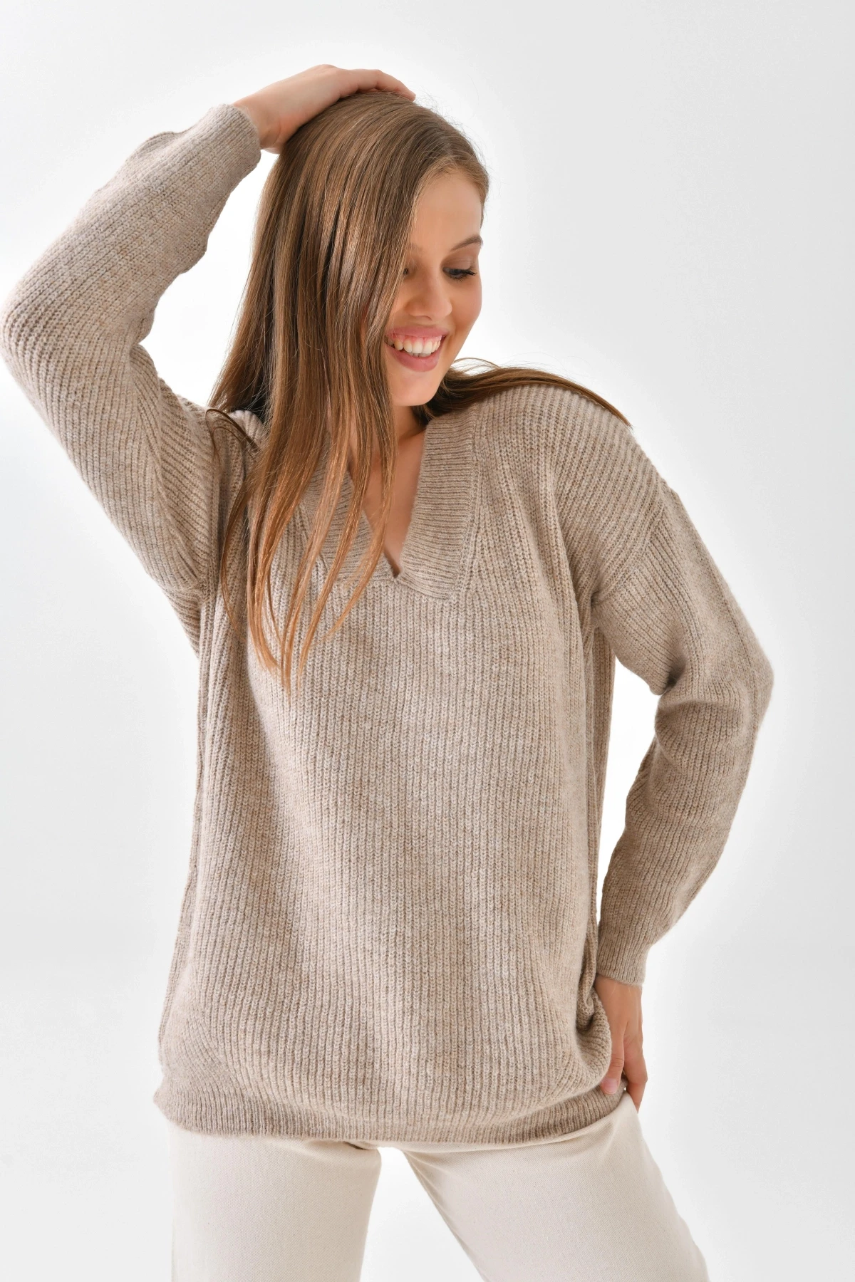 Kadın V Yaka Fitilli Triko Kazak 217074Sw