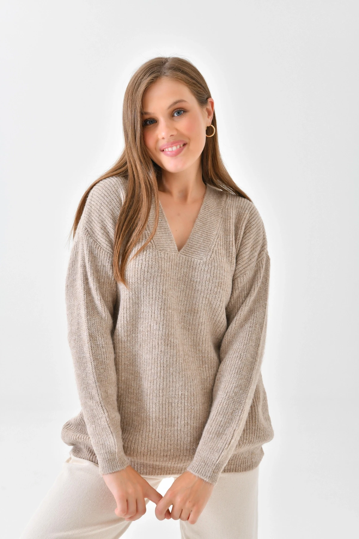 Kadın V Yaka Fitilli Triko Kazak 217074Sw