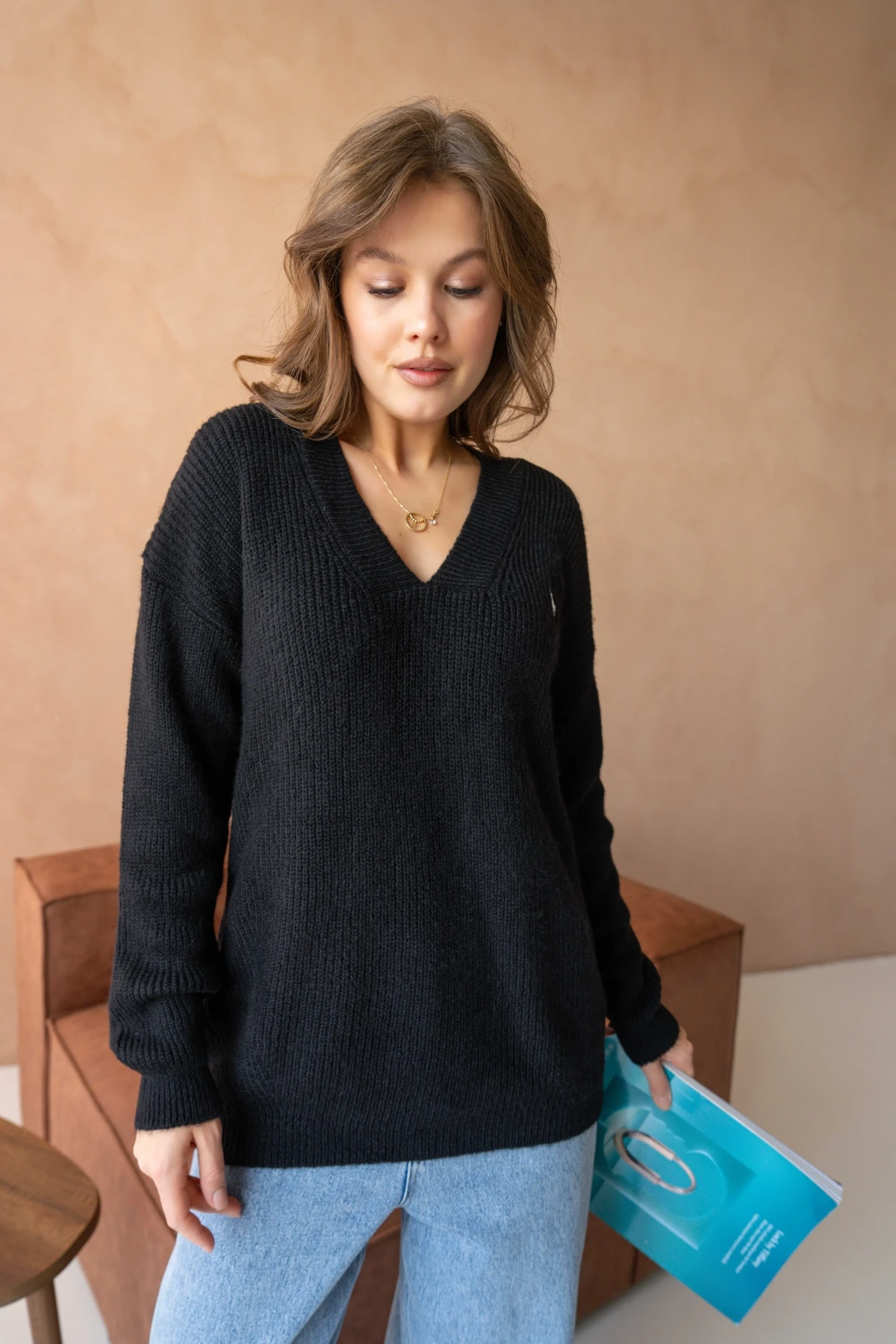 Kadın V Yaka Fitilli Triko Kazak 217074Sw