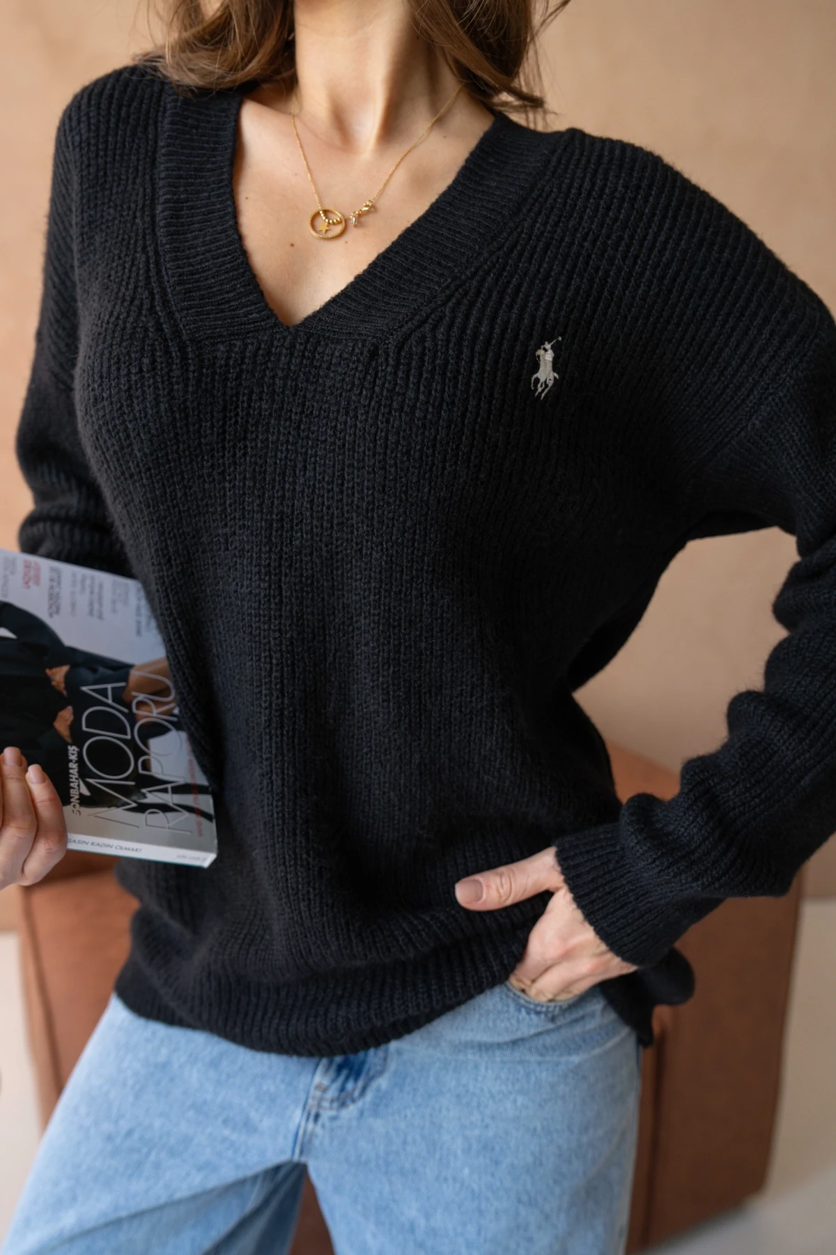 Kadın V Yaka Fitilli Triko Kazak 217074Sw