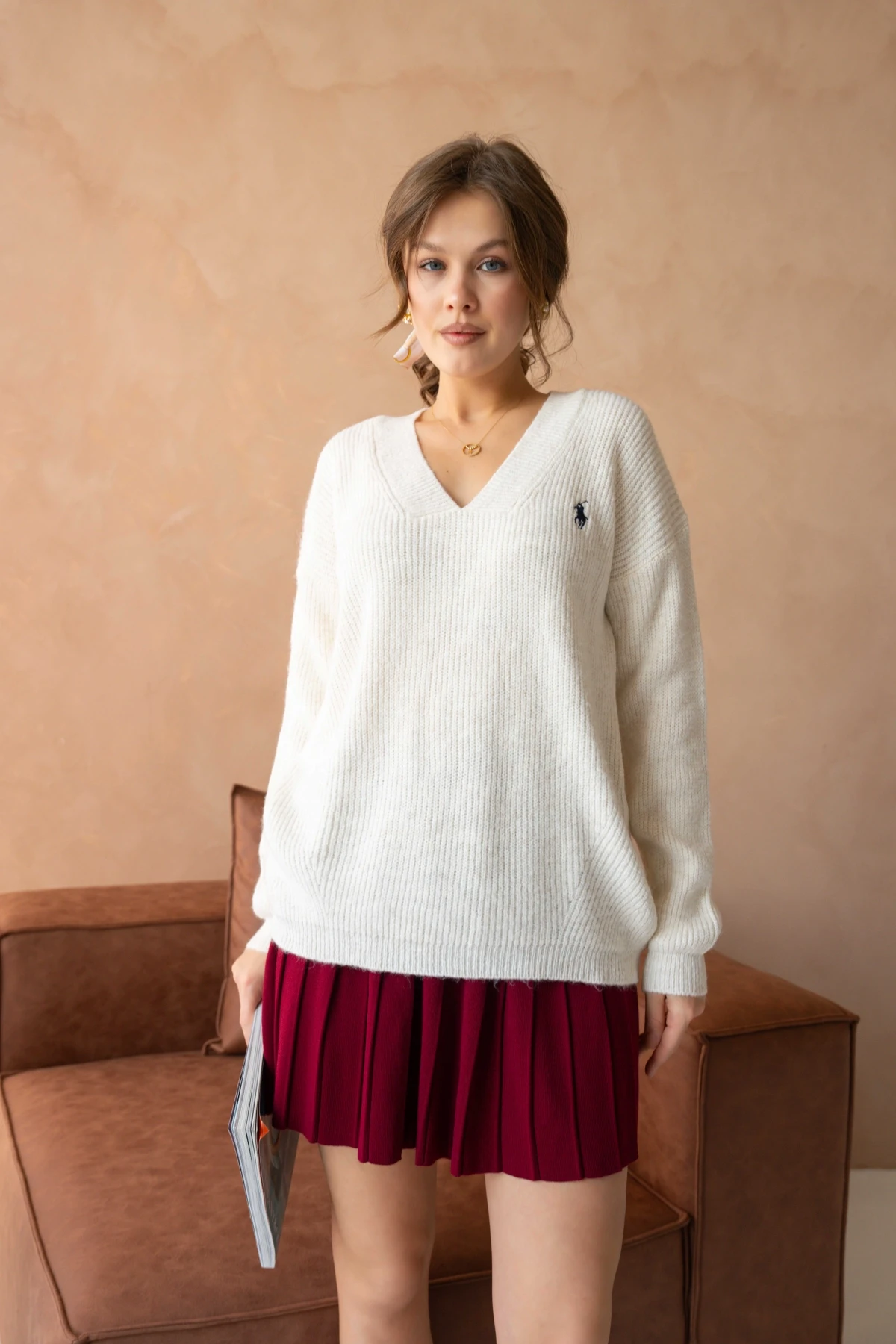 Kadın V Yaka Fitilli Triko Kazak 217074Sw