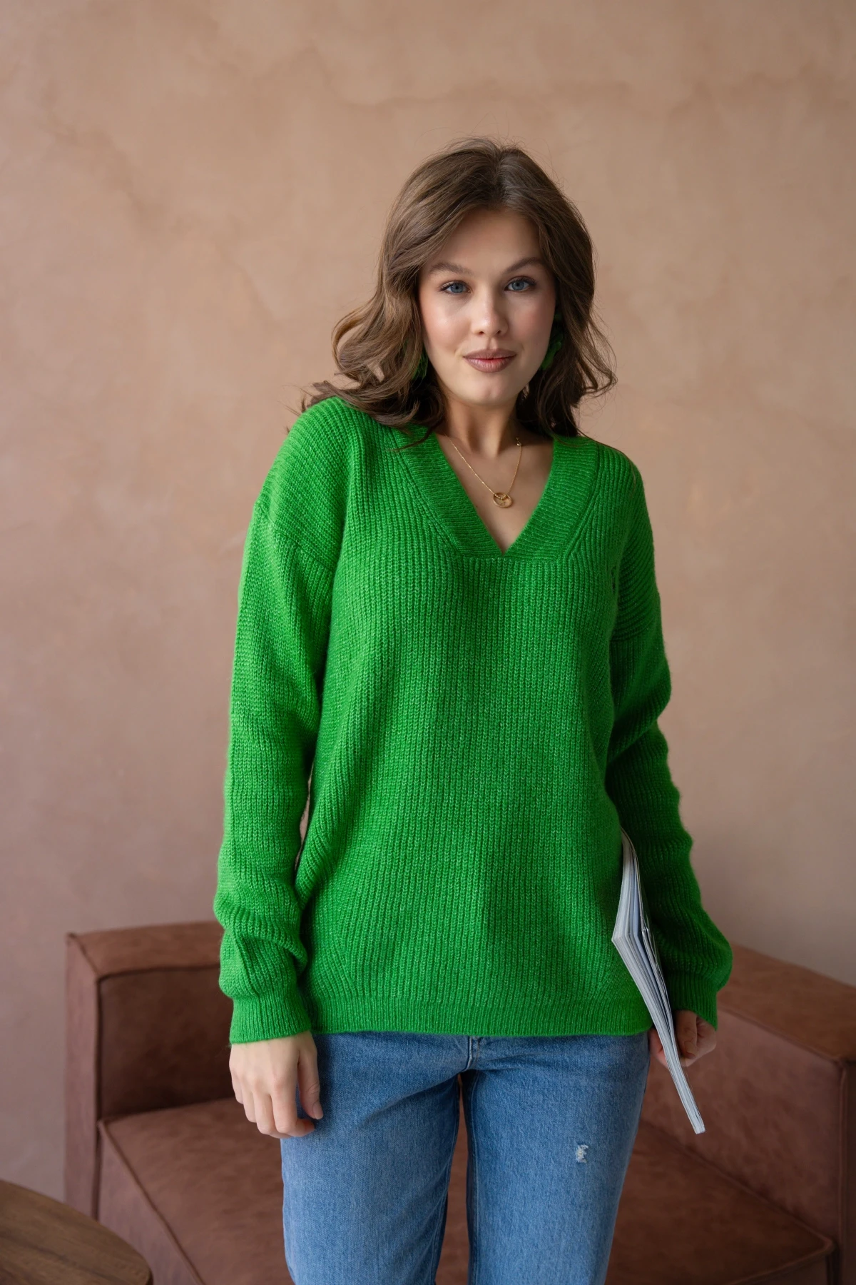 Kadın V Yaka Fitilli Triko Kazak 217074Sw