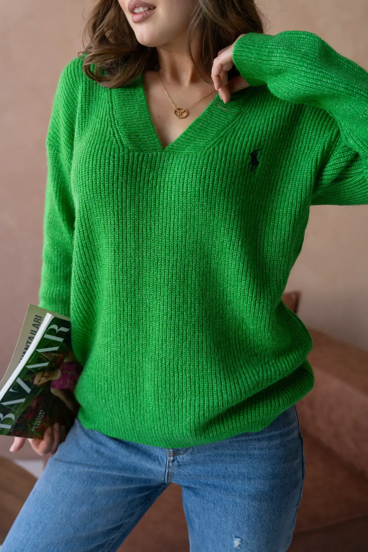 Kadın V Yaka Fitilli Triko Kazak 217074Sw