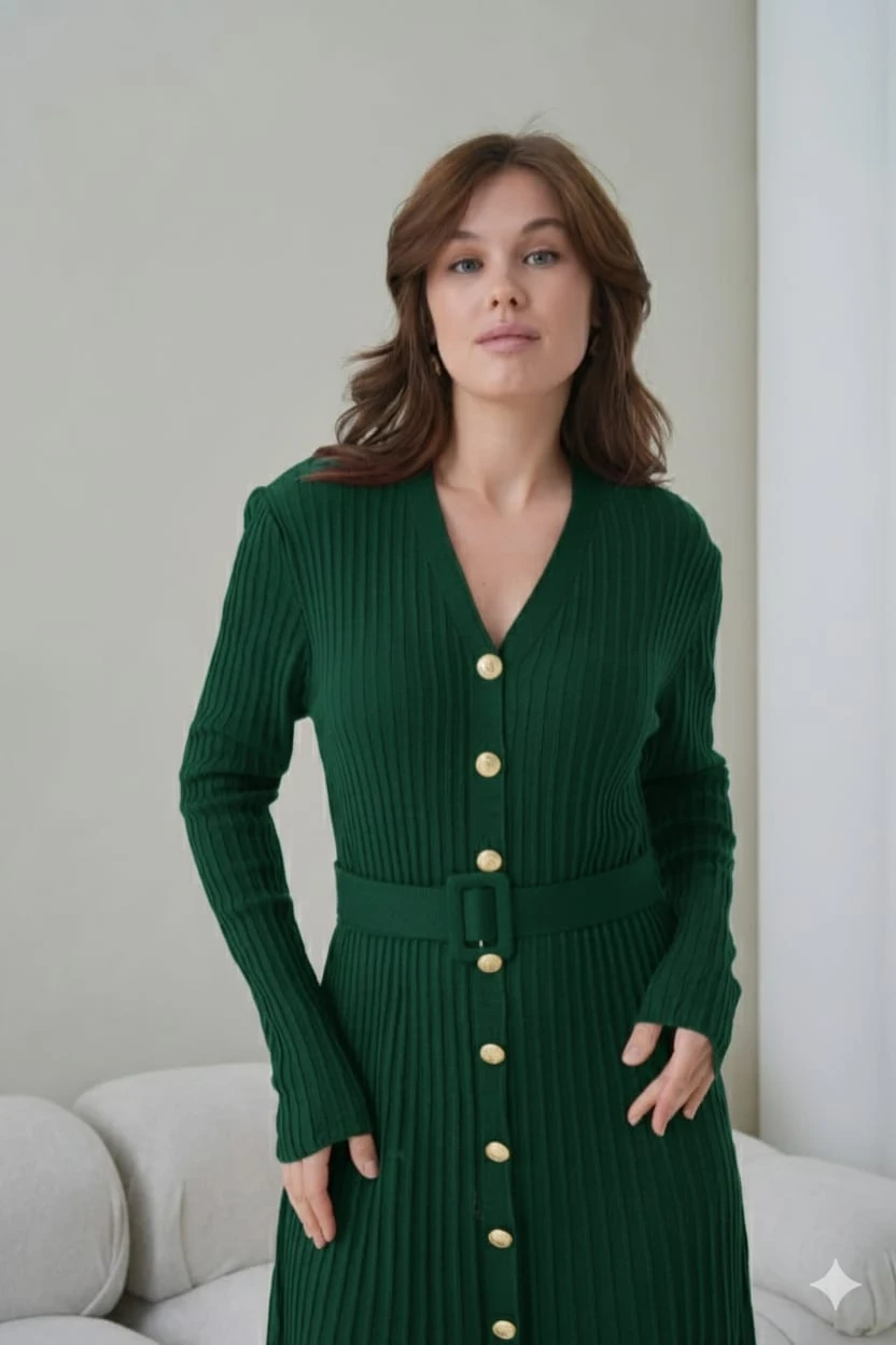 Kadın V Yaka Ful Düğme Kapama Kemer Detay Maksi Boy Fitilli Triko Elbise