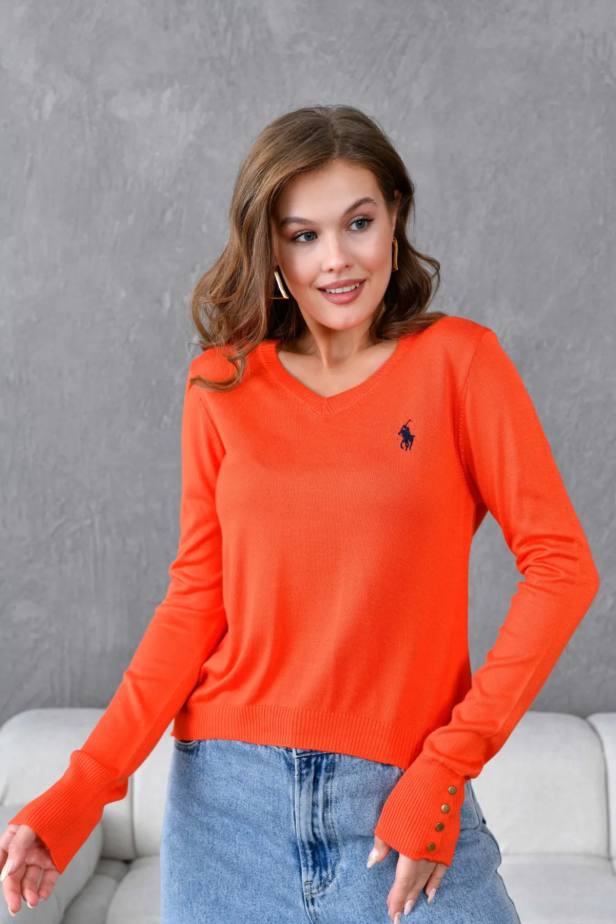 Kadın V Yaka Kolları Troklu Triko Kazak 10284.Vsc