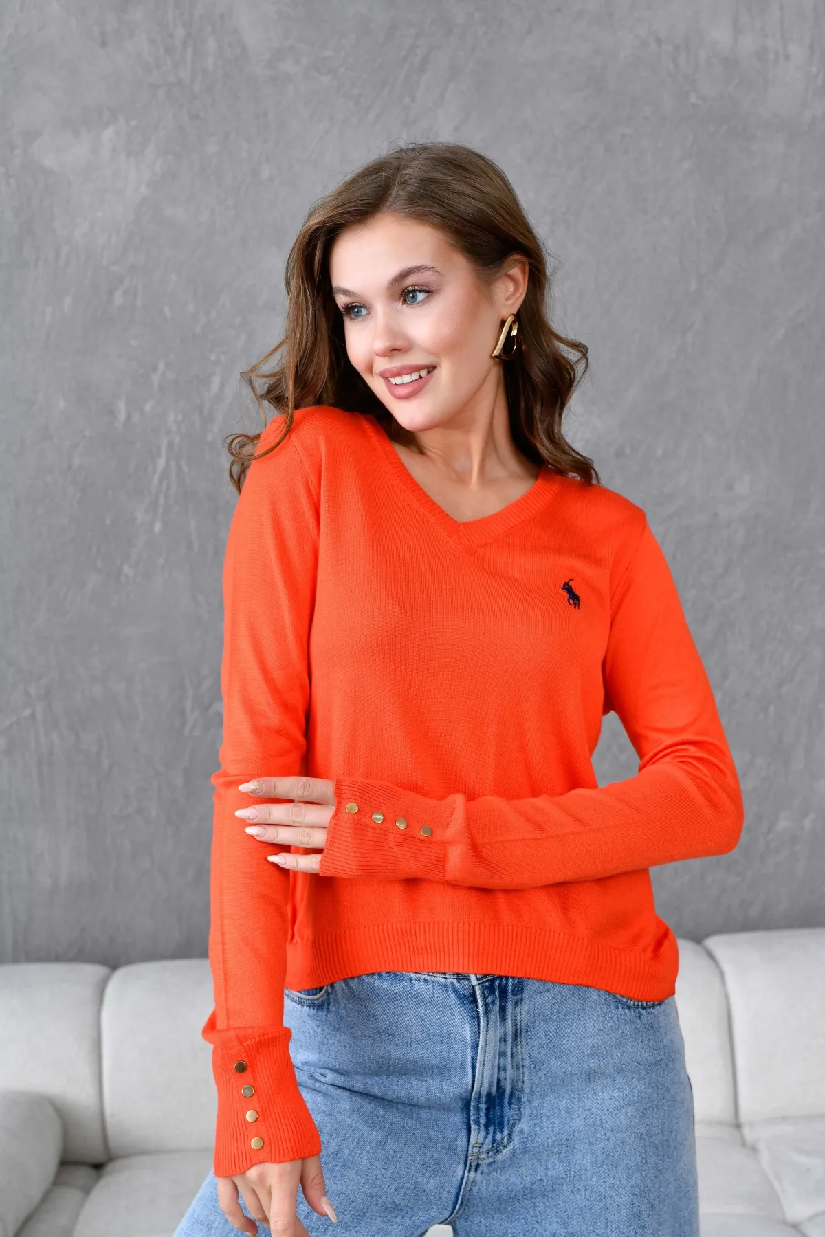 Kadın V Yaka Kolları Troklu Triko Kazak 10284.Vsc