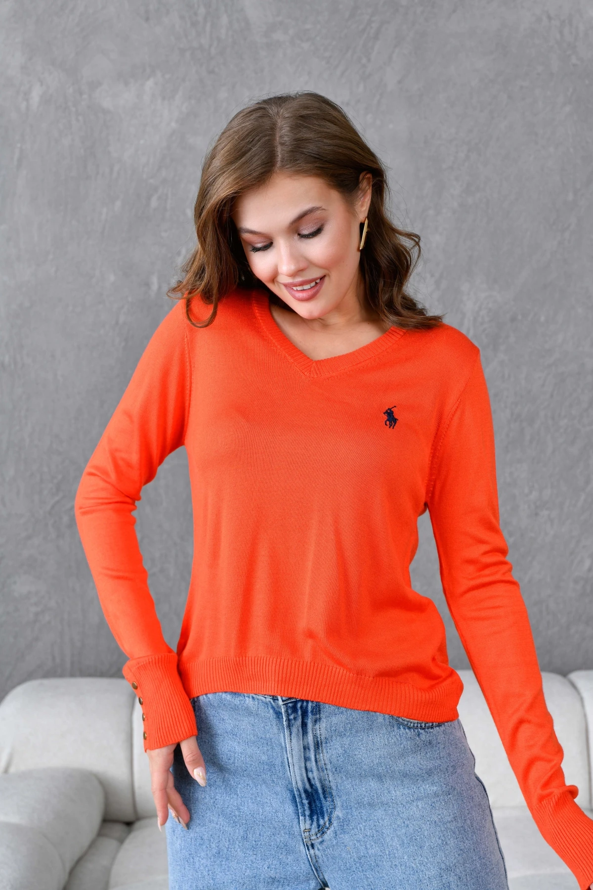 Kadın V Yaka Kolları Troklu Triko Kazak 10284.Vsc