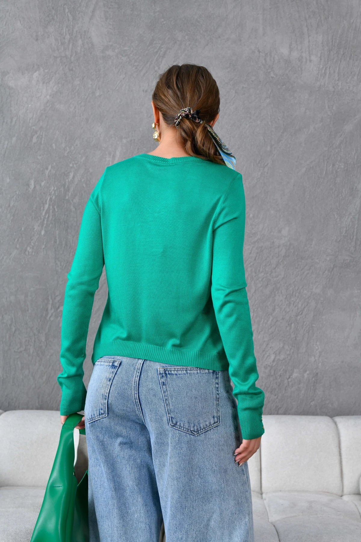 Kadın V Yaka Kolları Troklu Triko Kazak 10284.Vsc