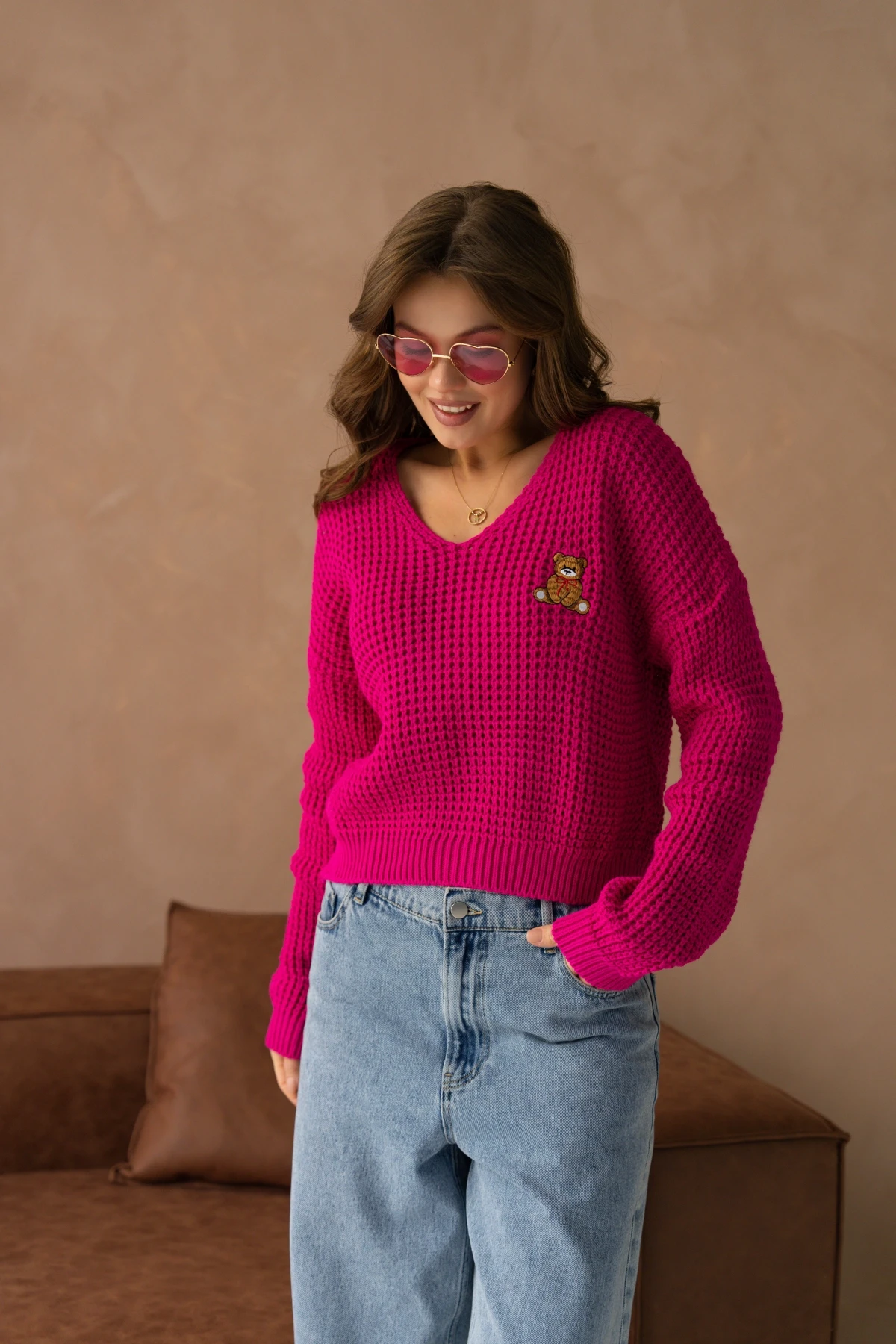 Kadın V Yaka Nakış Detay Ajurlu Triko Kazak 225008