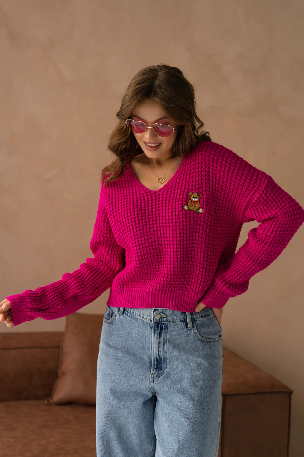 Kadın V Yaka Nakış Detay Ajurlu Triko Kazak 225008