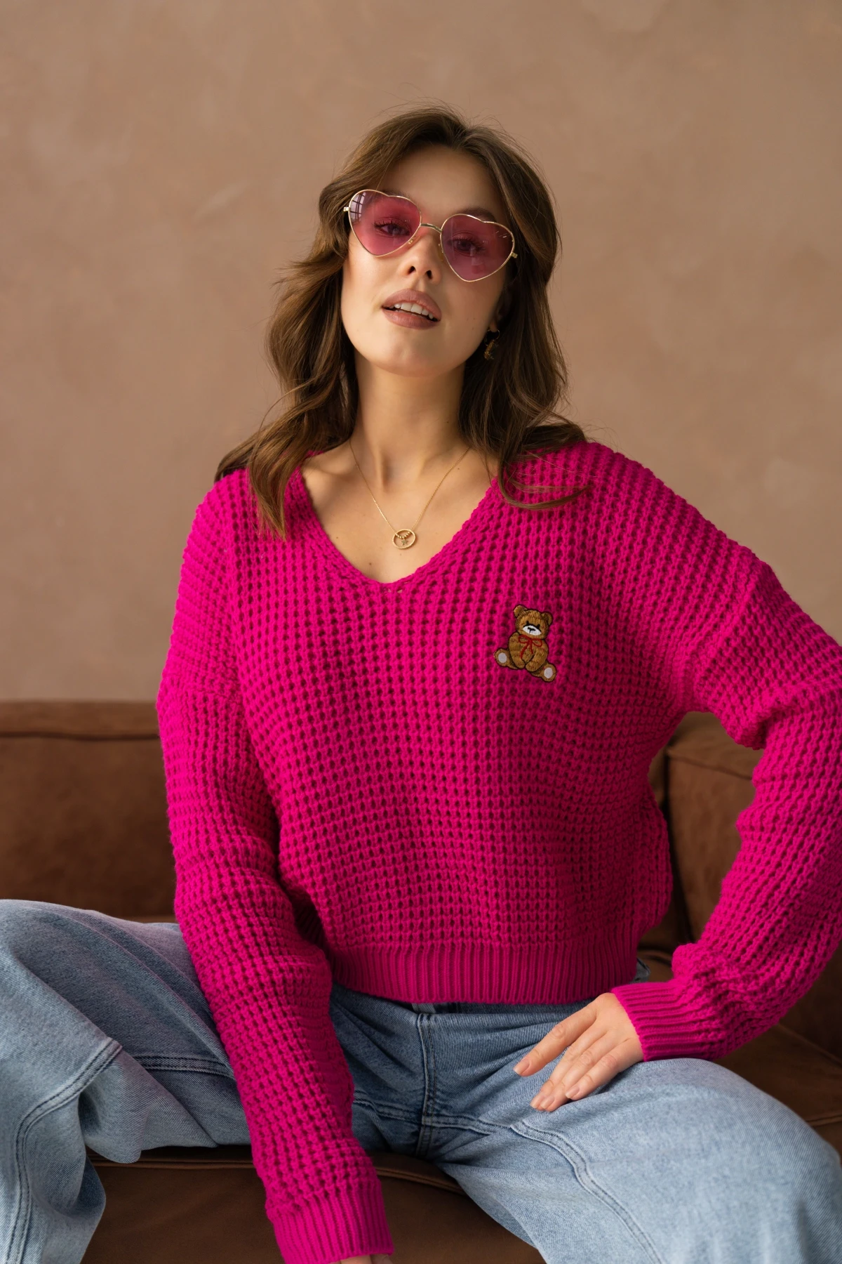 Kadın V Yaka Nakış Detay Ajurlu Triko Kazak 225008