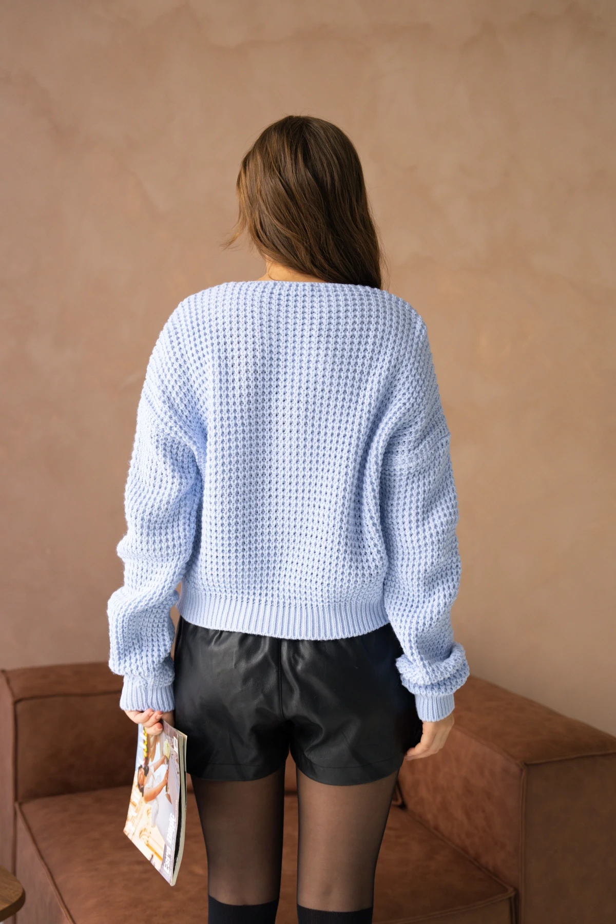 Kadın V Yaka Nakış Detay Ajurlu Triko Kazak 225008