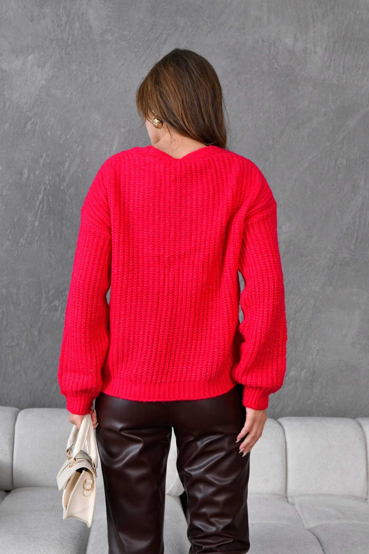 Kadın V Yaka Örgü Detay Fiyonklu Triko Ceket 217019Sw