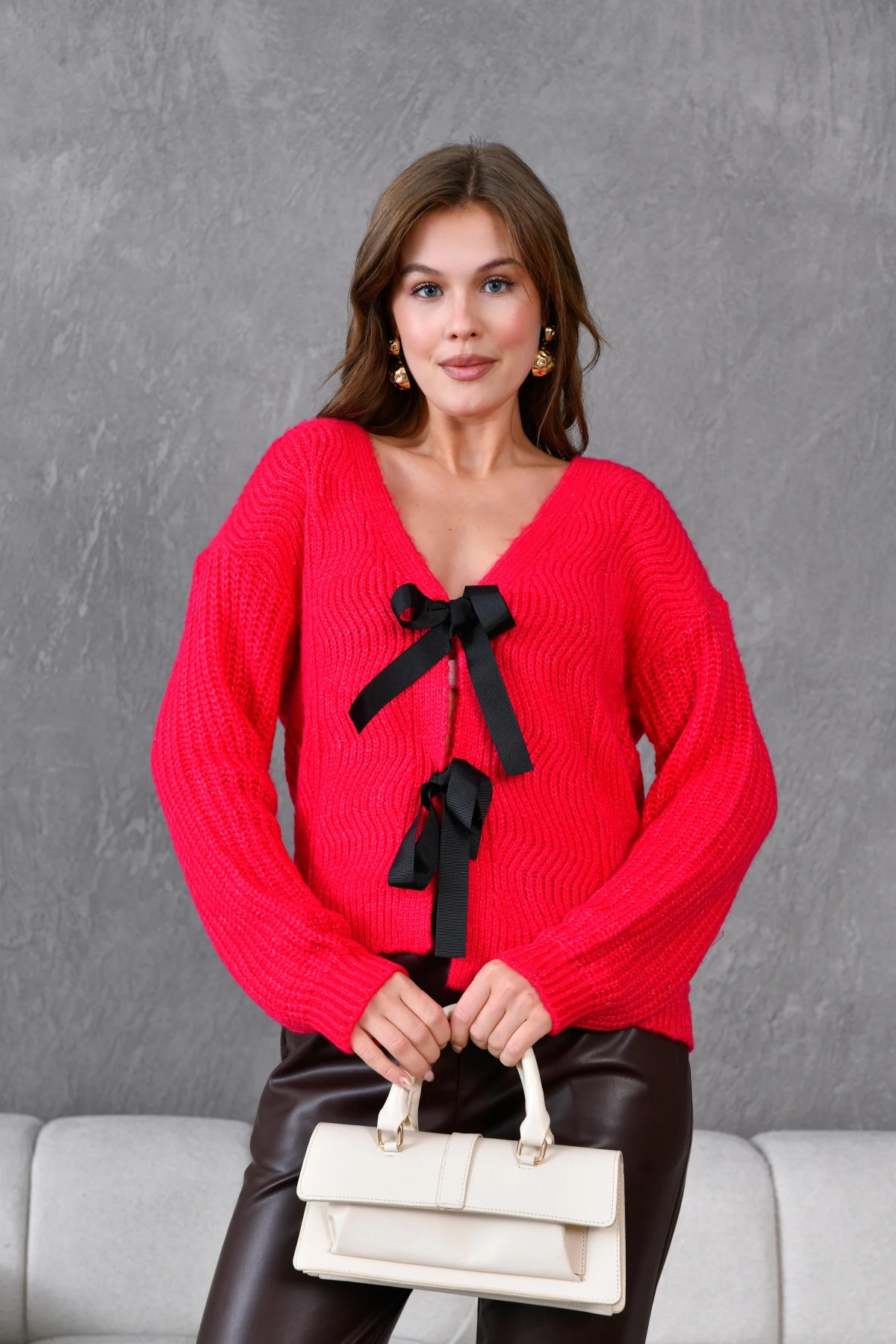 Kadın V Yaka Örgü Detay Fiyonklu Triko Ceket 217019Sw