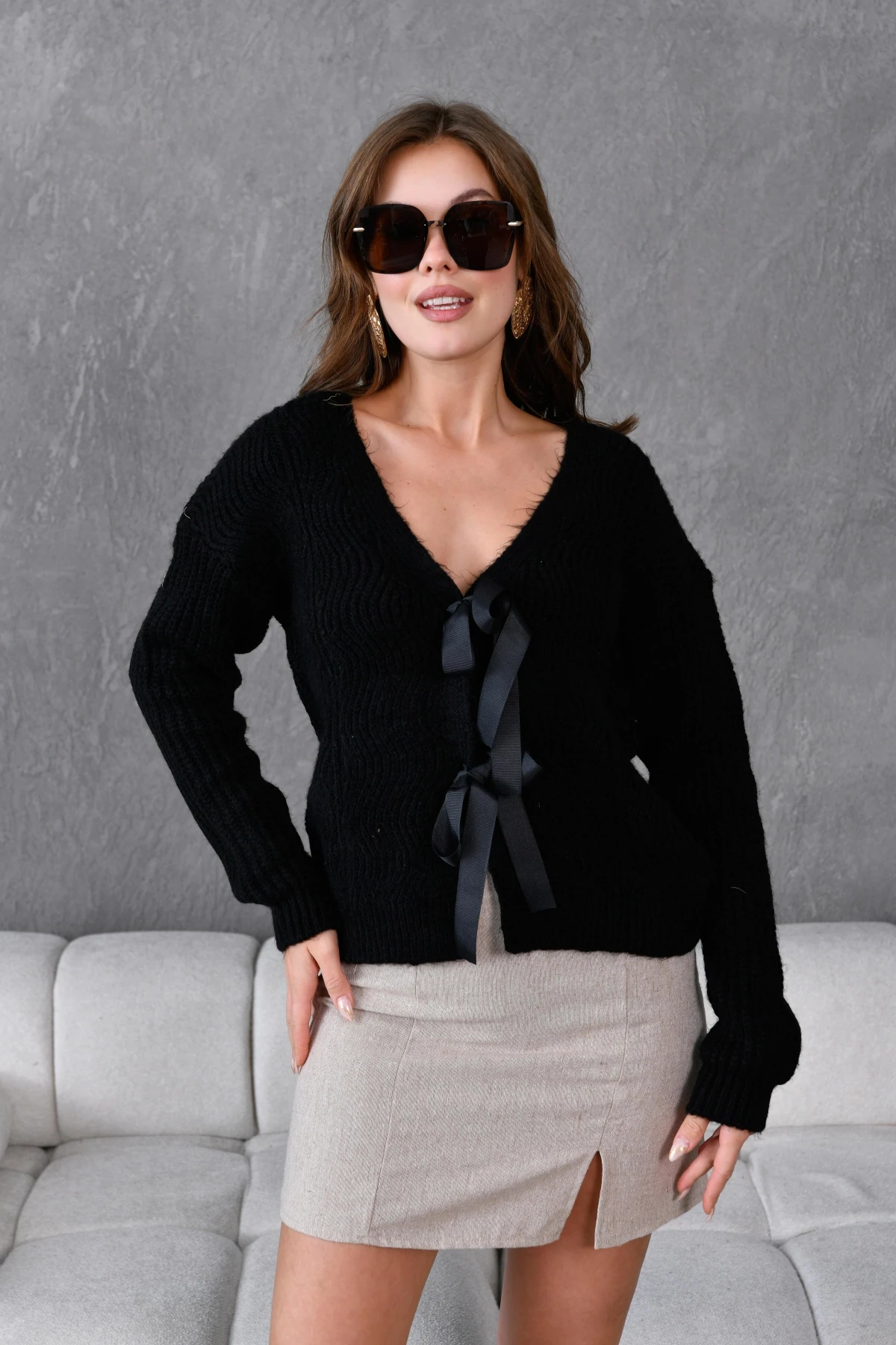 Kadın V Yaka Örgü Detay Fiyonklu Triko Ceket 217019Sw