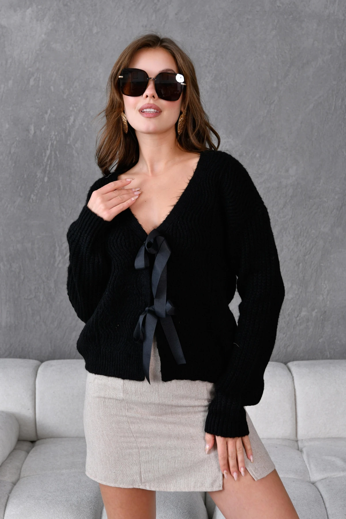 Kadın V Yaka Örgü Detay Fiyonklu Triko Ceket 217019Sw