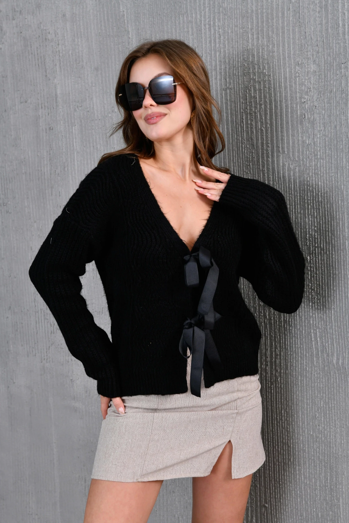 Kadın V Yaka Örgü Detay Fiyonklu Triko Ceket 217019Sw