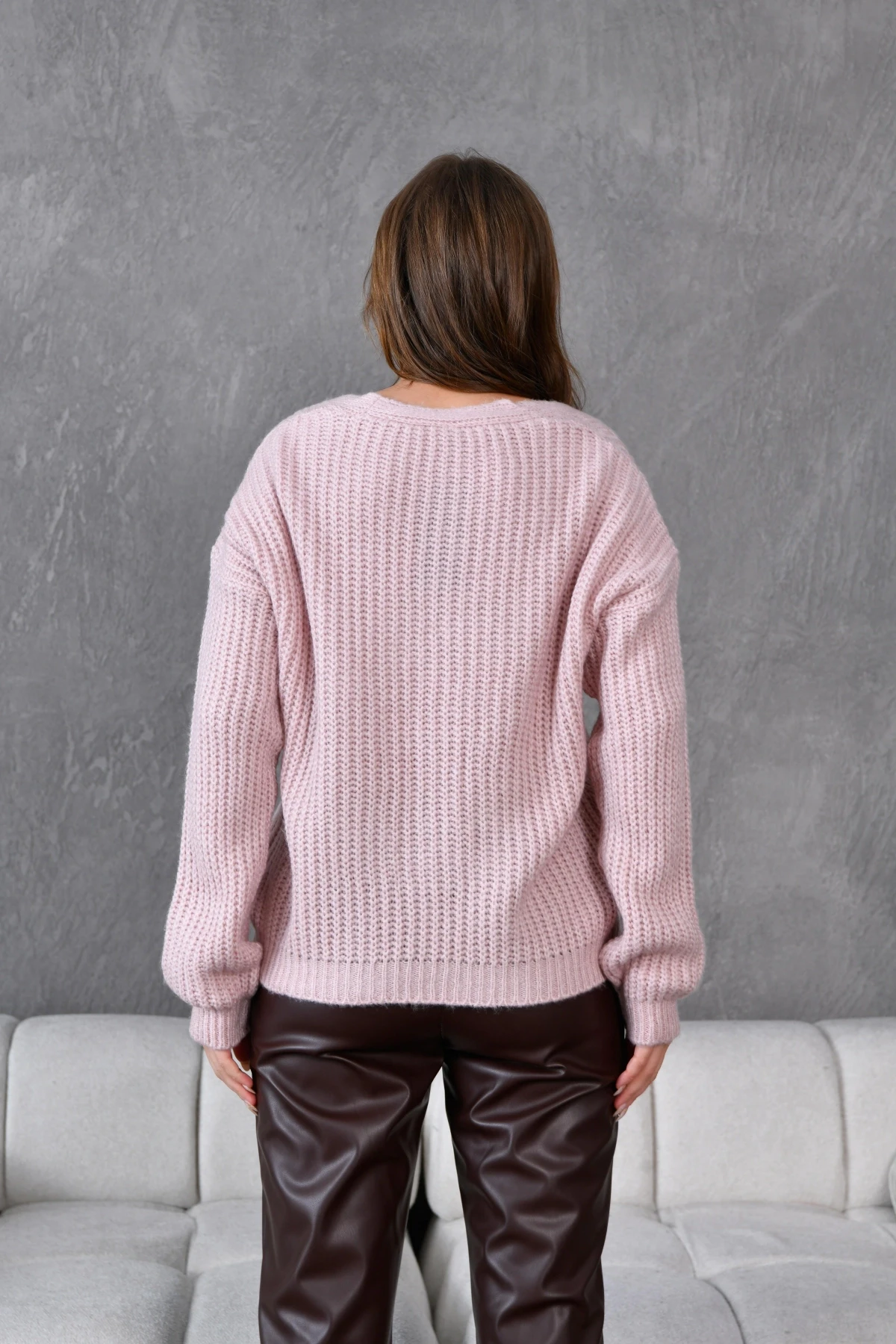 Kadın V Yaka Örgü Detay Fiyonklu Triko Ceket 217019Sw