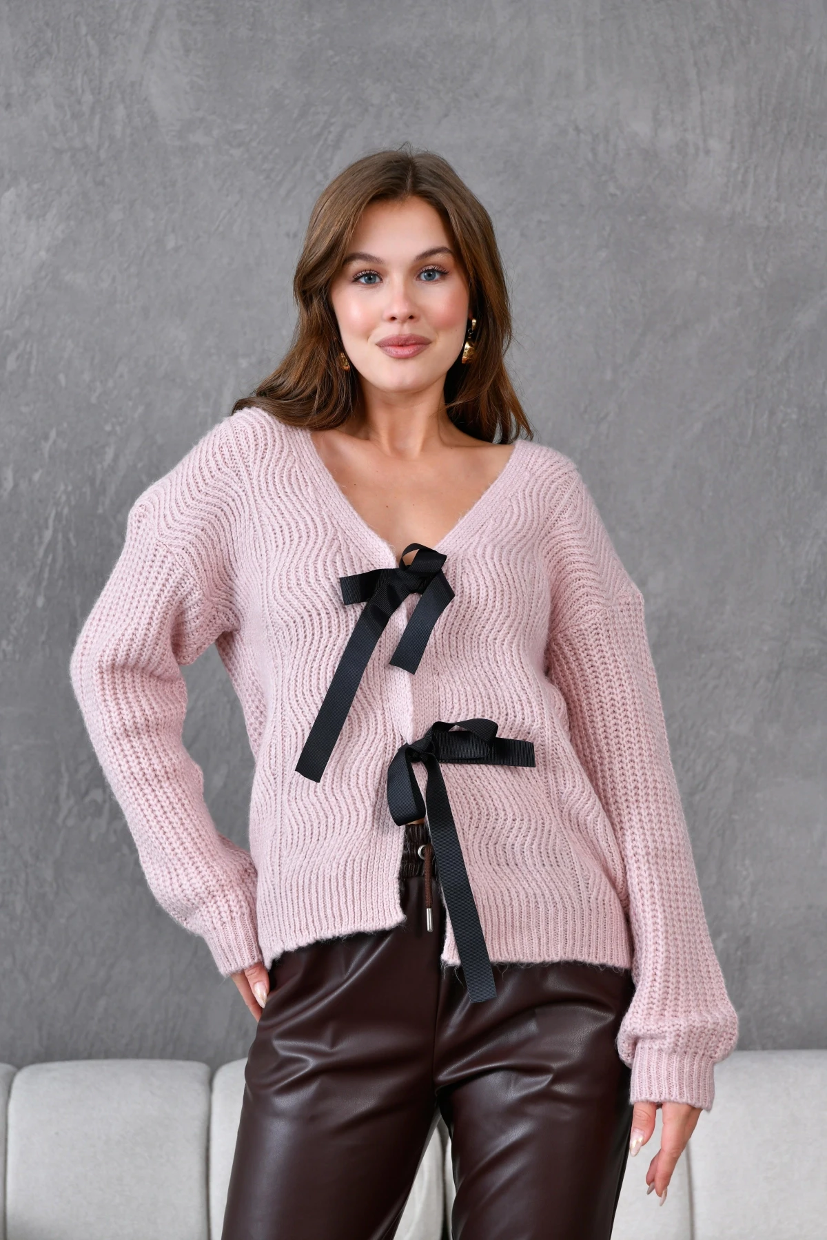 Kadın V Yaka Örgü Detay Fiyonklu Triko Ceket 217019Sw