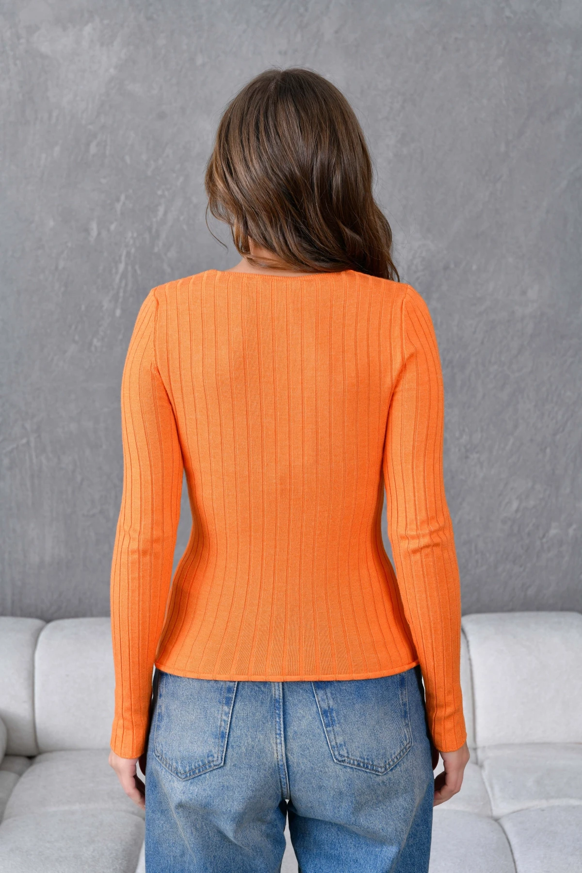 Kadın V Yaka Örgü Detay Premium İplik Triko Kazak 224325