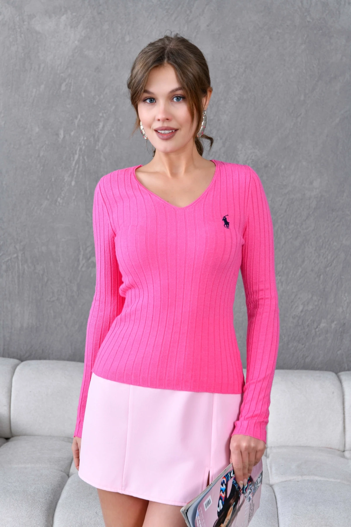 Kadın V Yaka Örgü Detay Premium İplik Triko Kazak 224325