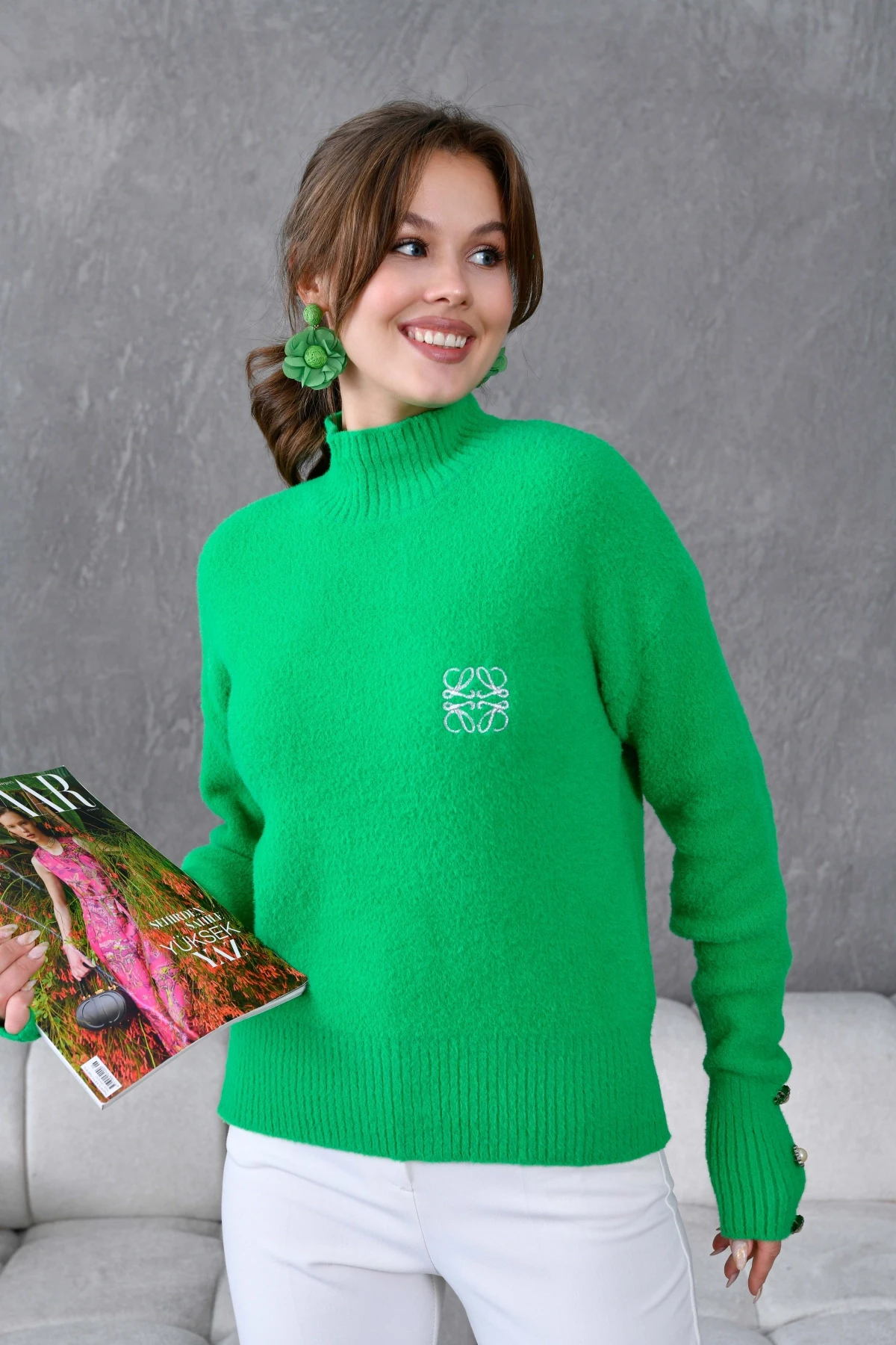 Kadın Yarım Balıkçı Kolları Düğme Detay Şardonlu Triko Kazak 227070Sw