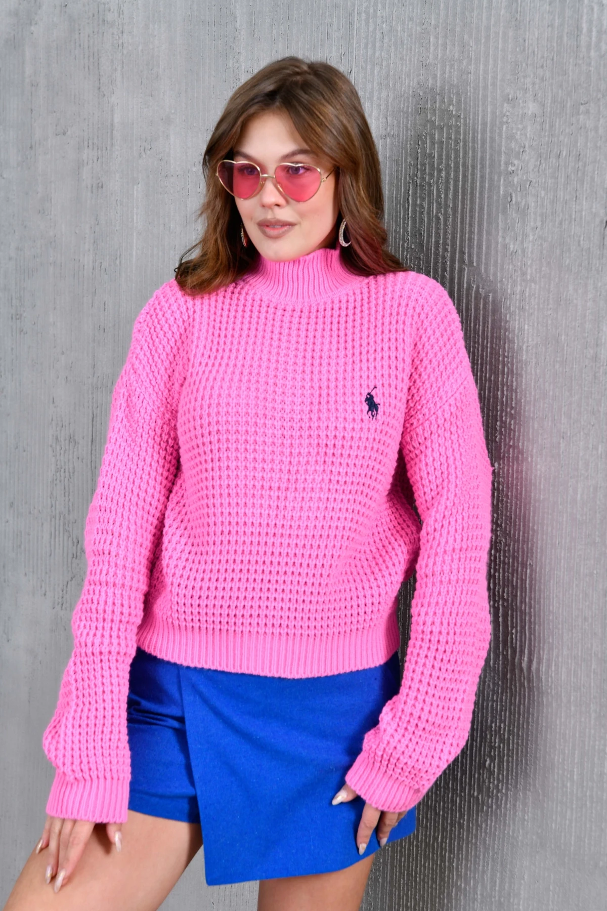 Kadın Yarım Balıkçı  Yaka Prinç Örgü Detay Dokulu Triko Kazak 225006