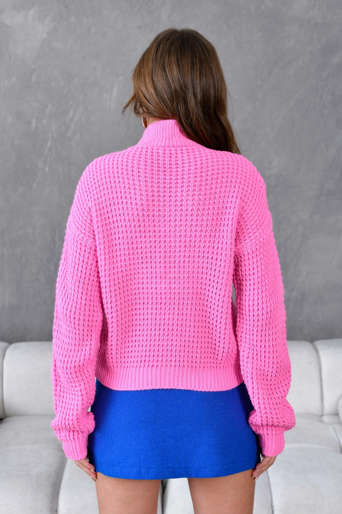 Kadın Yarım Balıkçı  Yaka Prinç Örgü Detay Dokulu Triko Kazak 225006