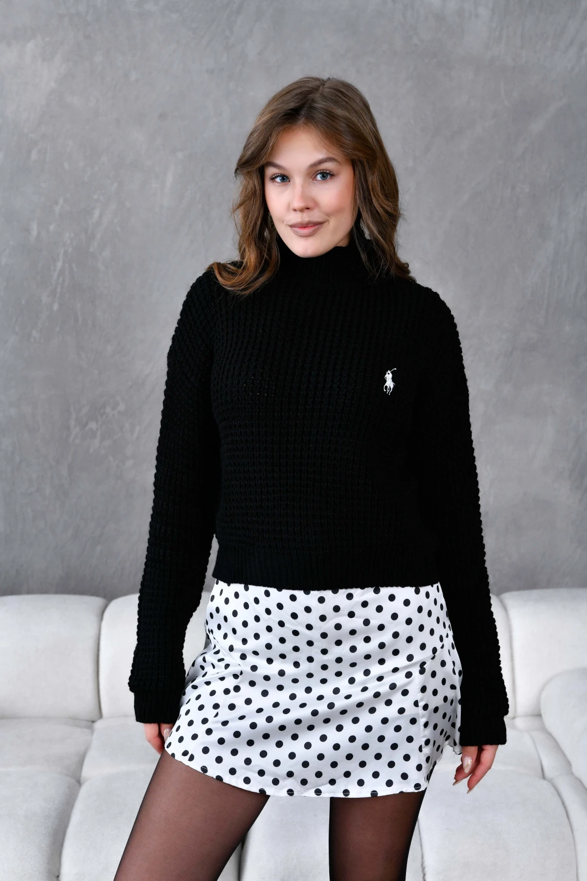 Kadın Yarım Balıkçı  Yaka Prinç Örgü Detay Dokulu Triko Kazak 225006