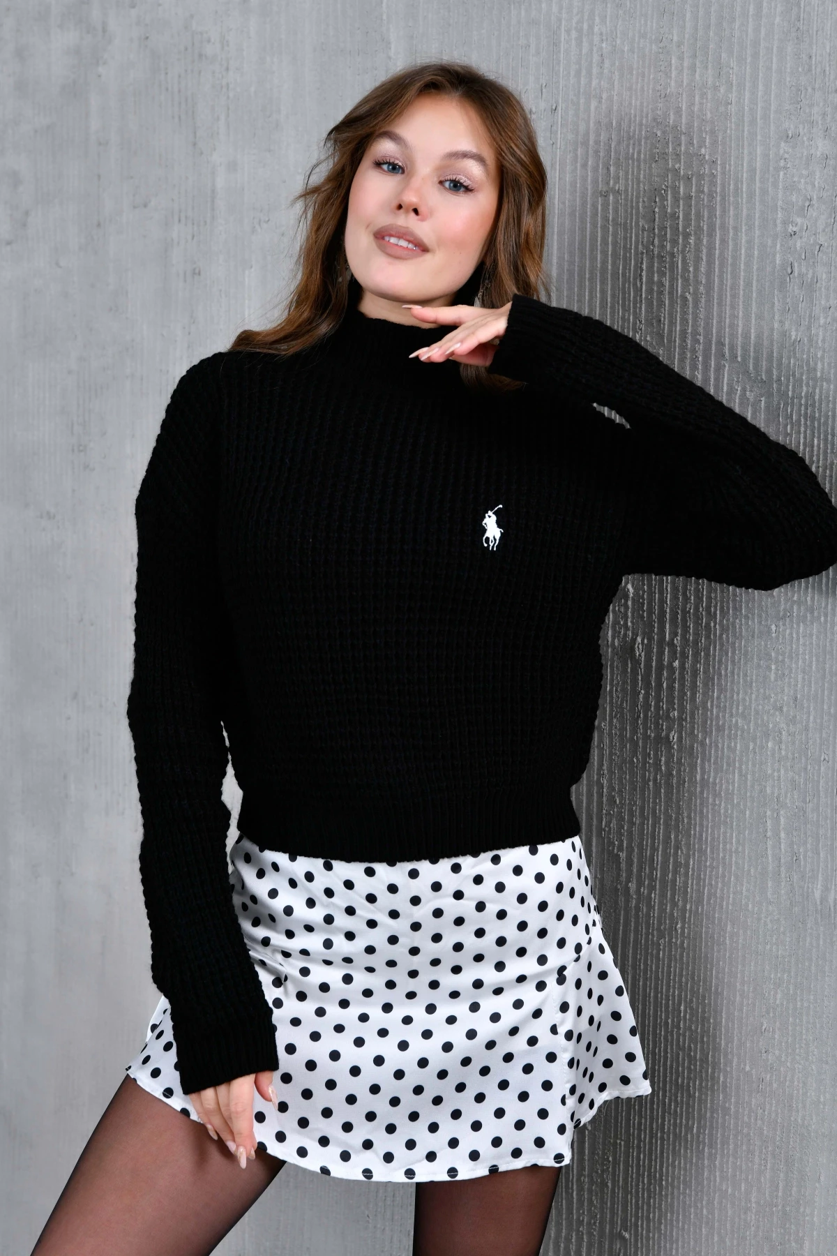 Kadın Yarım Balıkçı  Yaka Prinç Örgü Detay Dokulu Triko Kazak 225006