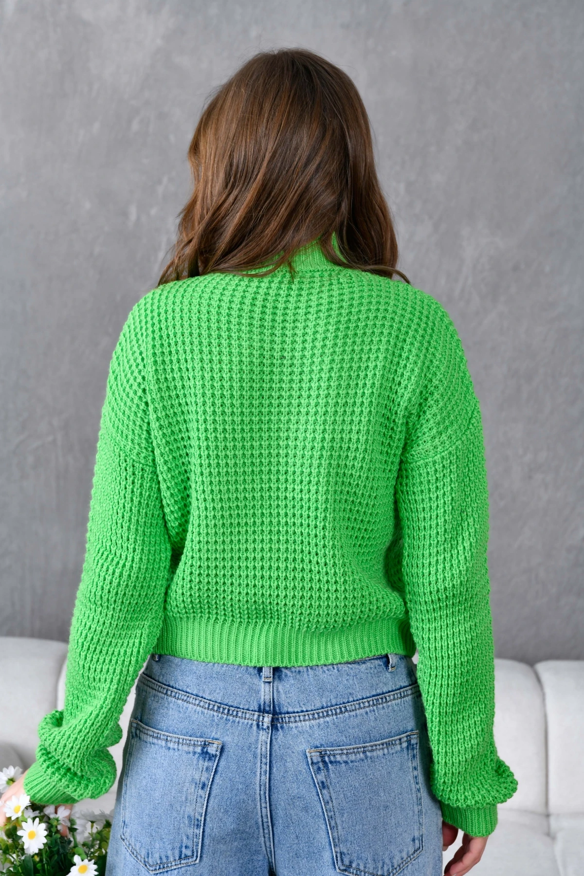 Kadın Yarım Balıkçı  Yaka Prinç Örgü Detay Dokulu Triko Kazak 225006