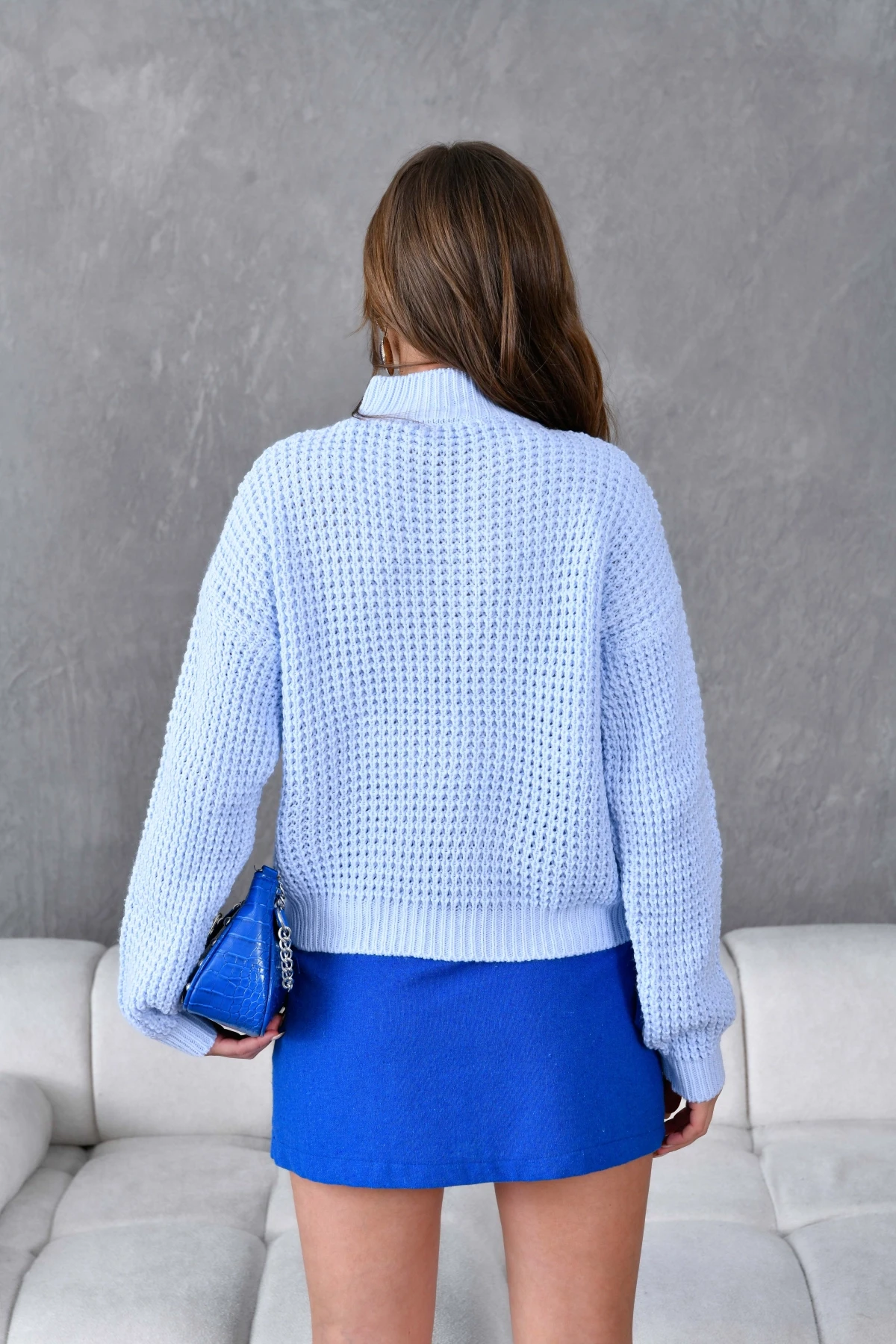 Kadın Yarım Balıkçı  Yaka Prinç Örgü Detay Dokulu Triko Kazak 225006