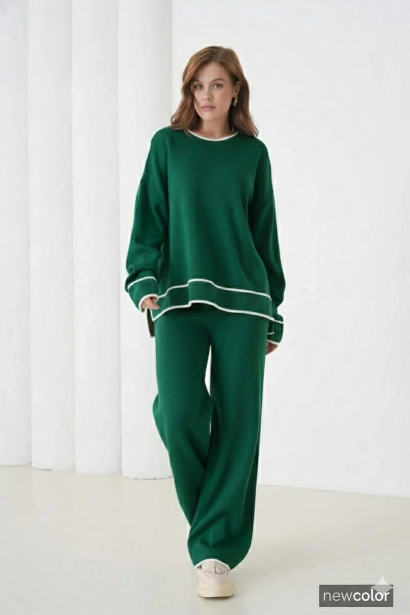 Kadın Zümrüt Bisiklet Yaka Oversize Kazak Pantolon Triko Alt-Üst Takım