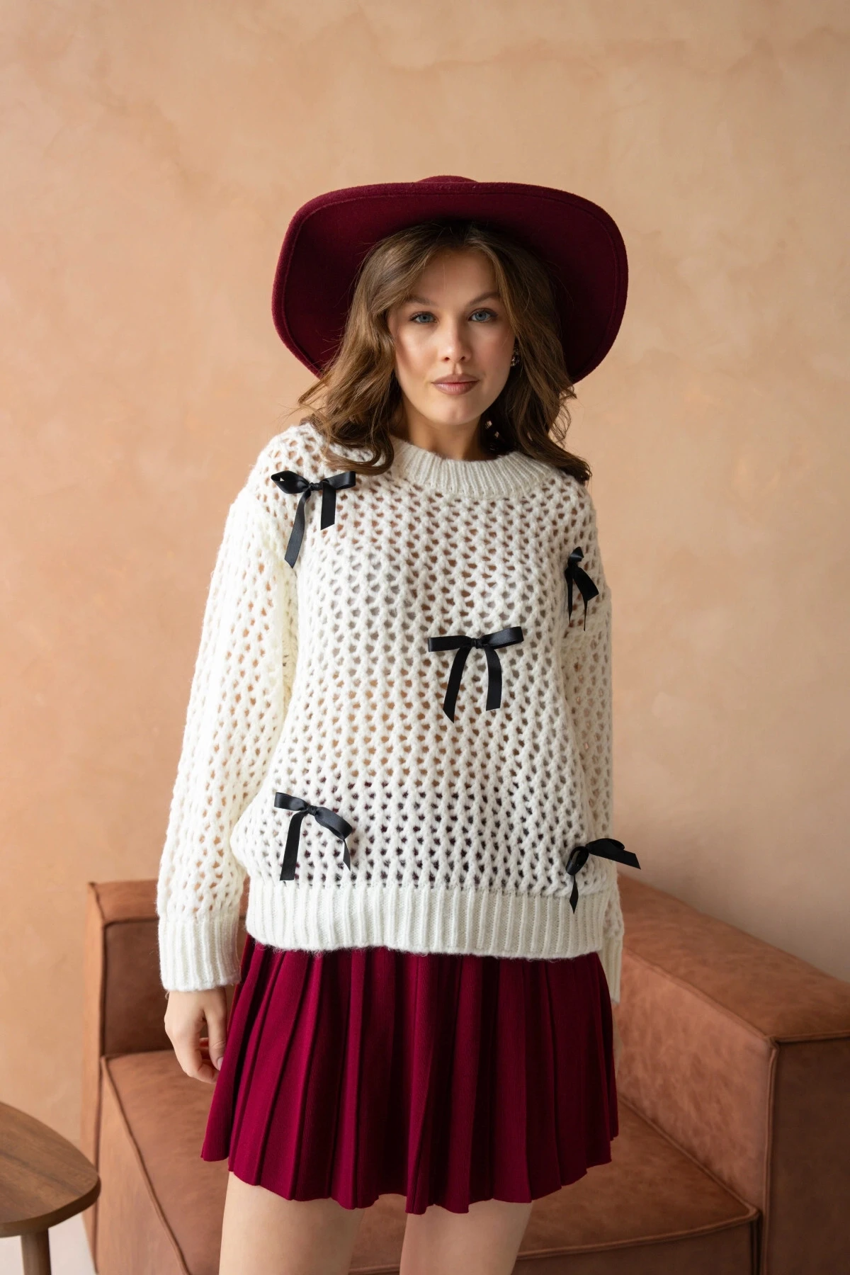 Kdın Bisiklet Yaka Ajurlu Fiyonk Detay Triko Kazak