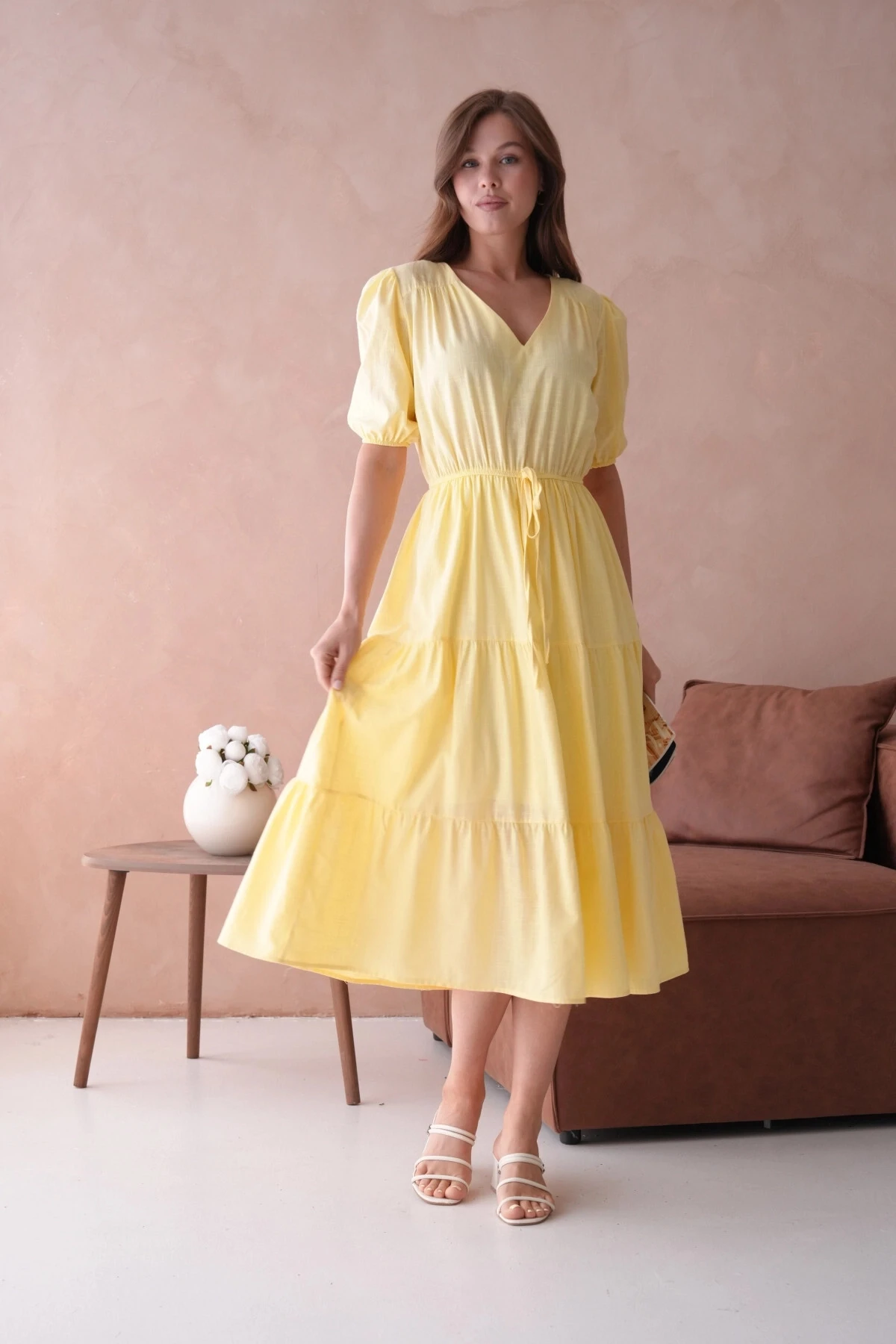 Sarı Kısa Kol Lastikli Yazlık Elbise