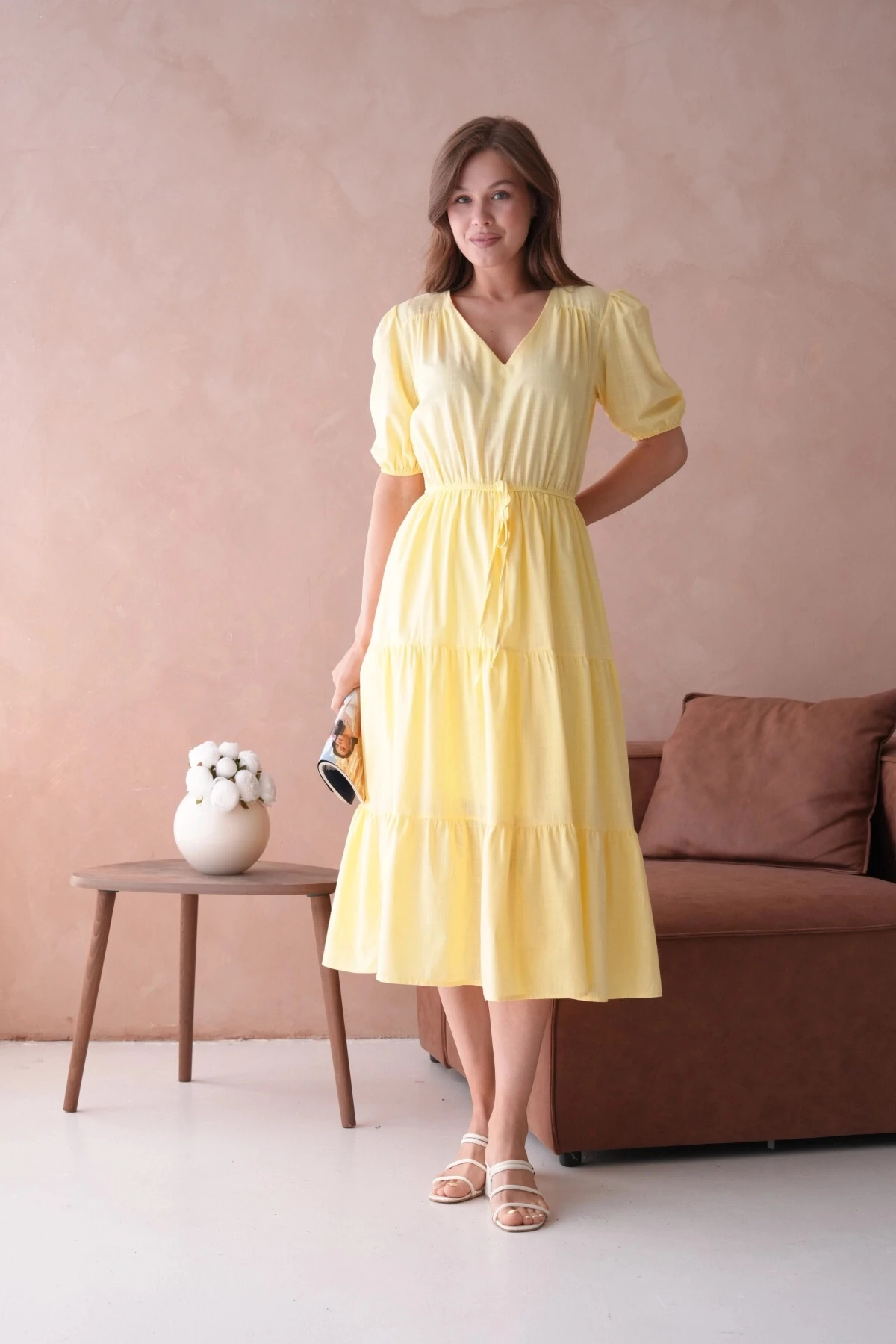 Sarı Kısa Kol Lastikli Yazlık Elbise