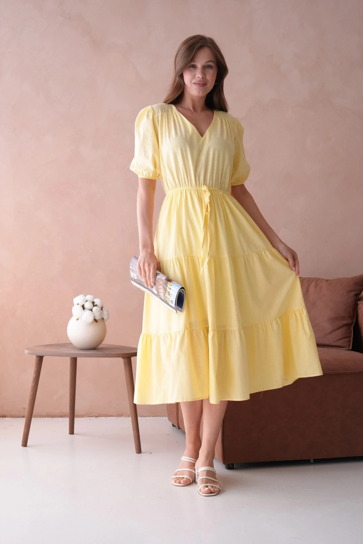 Sarı Kısa Kol Lastikli Yazlık Elbise