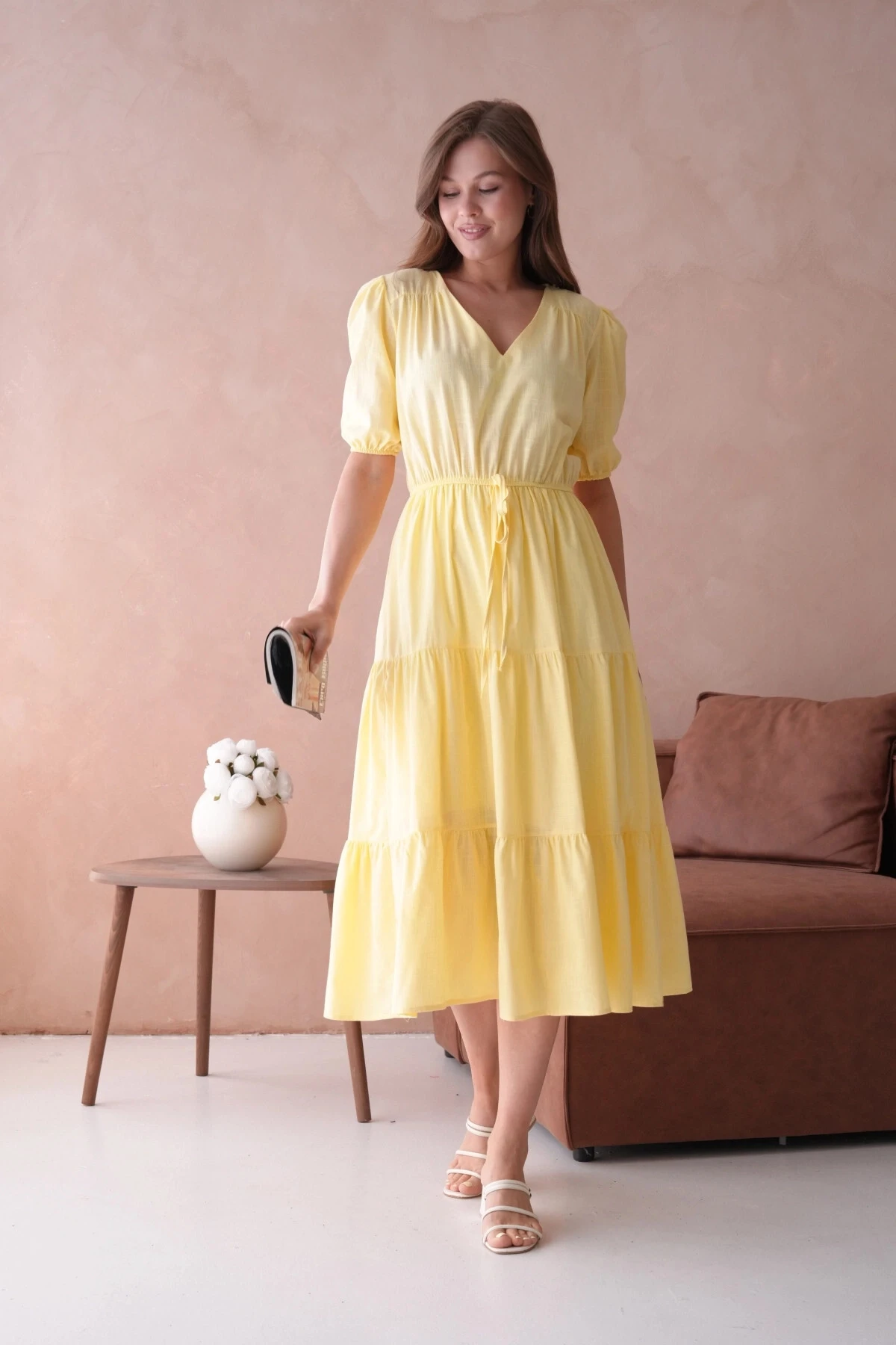 Sarı Kısa Kol Lastikli Yazlık Elbise