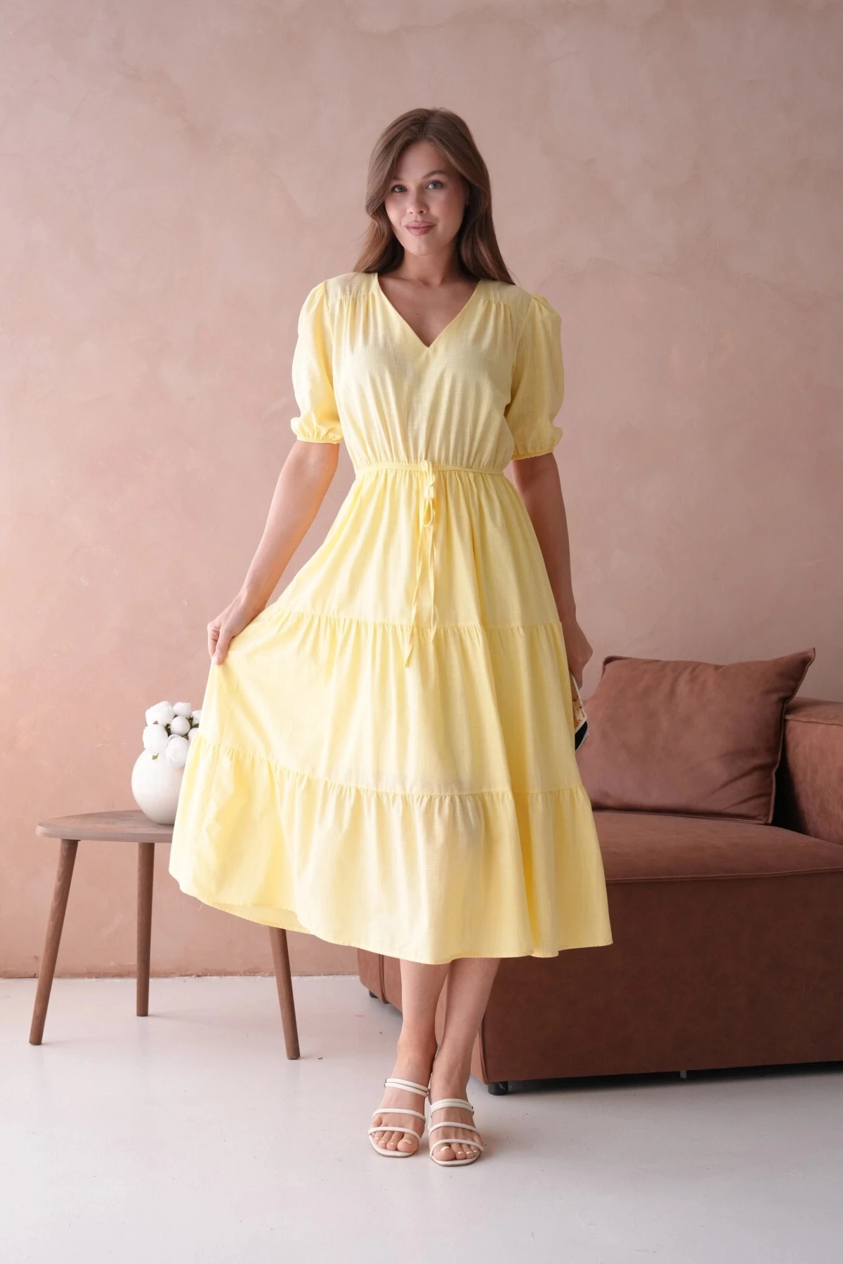 Sarı Kısa Kol Lastikli Yazlık Elbise