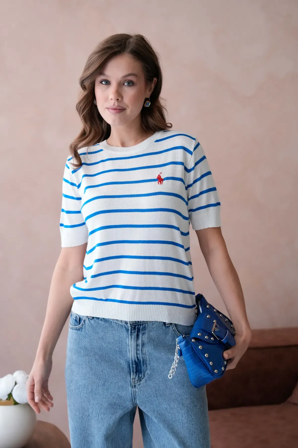 Kadın Bisiklet Yaka Çizgili Triko Kazak 10187.Vsc