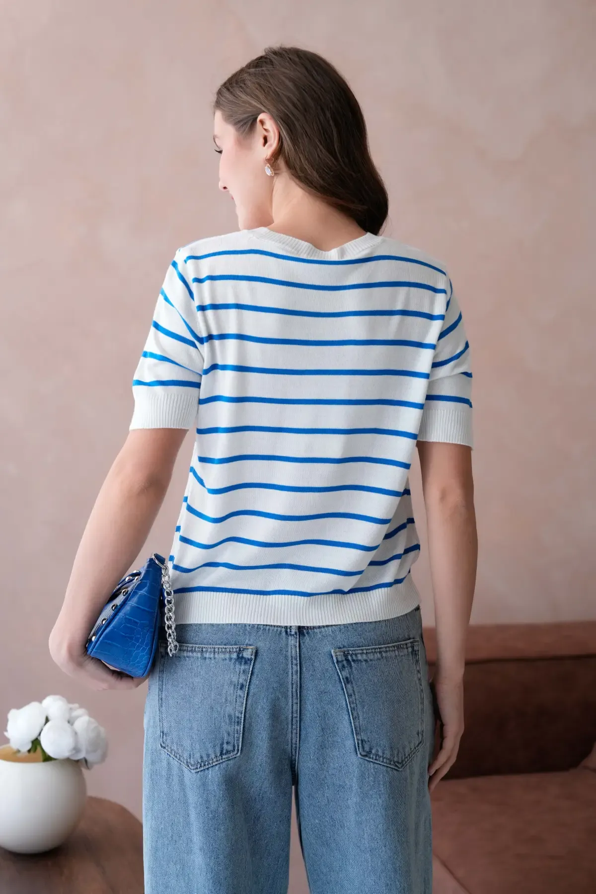 Kadın Bisiklet Yaka Çizgili Triko Kazak 10187.Vsc