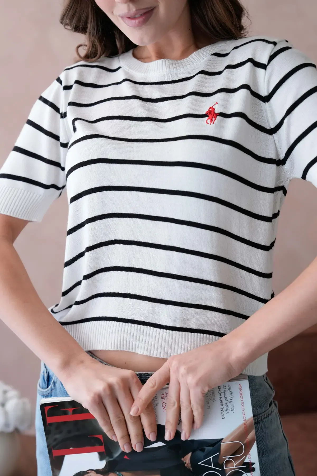 Kadın Bisiklet Yaka Çizgili Triko Kazak 10187.Vsc